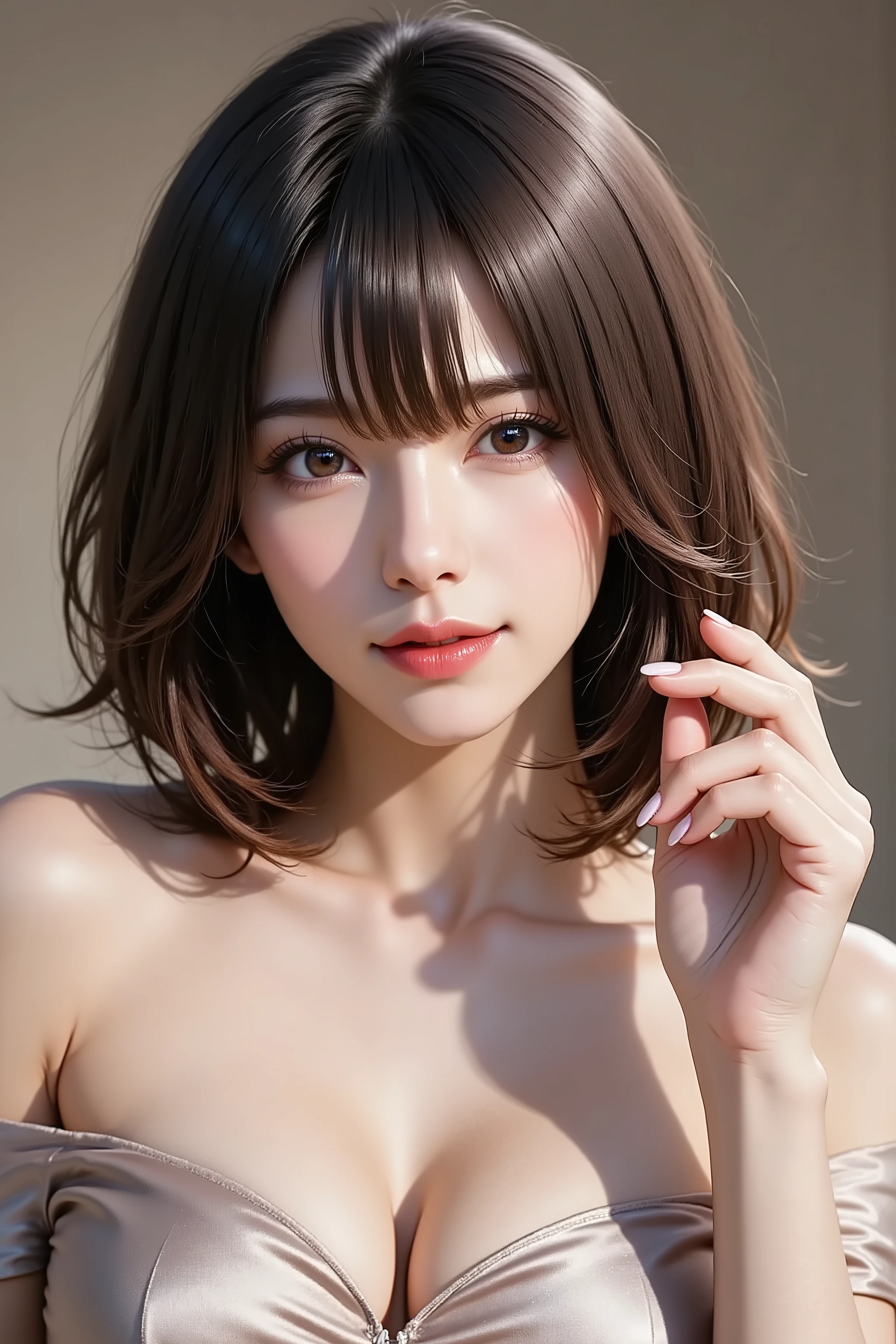 An enchanting solo woman in her 30s, depicted in a sophisticated realistic style. She has lustrous, short black hair flowing elegantly with bangs. She wears alluring, refined makeup with defined eyes and glossy nude-pink lips. She has natural and correct anatomy, ensuring exactly five fingers on each perfectly rendered hand, all beautifully manicured. She is dressed in a luxurious, off-shoulder silk top that subtly reveals her collarbones. She makes an alluring hand gesture, her manicured fingers delicately tracing or running through a strand of her long blonde hair near her face. She looks directly at the viewer with a confident, mesmerizing gaze and profound mature charm. Shot at eye-level, chest-up portrait.