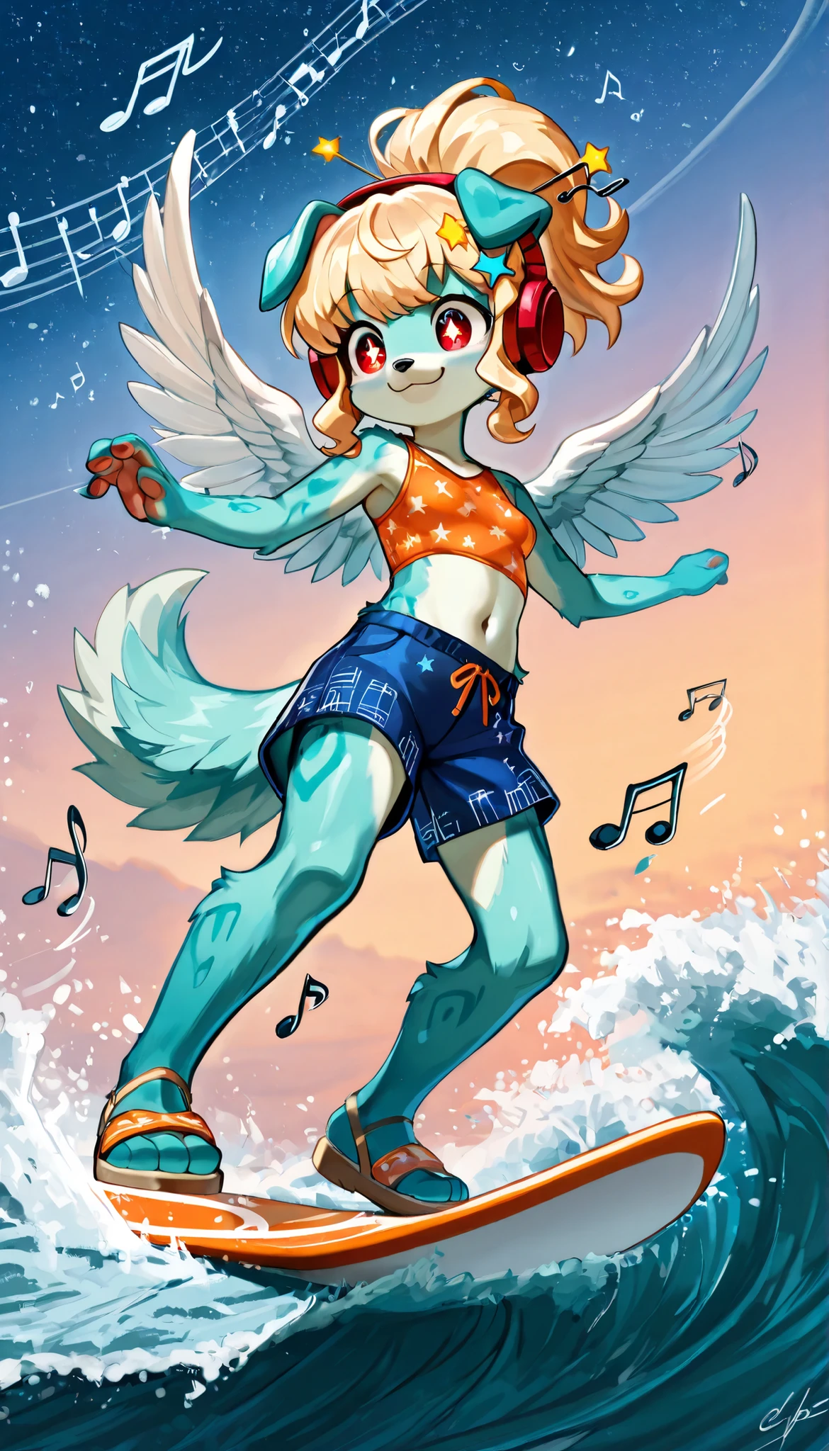 score_9, score_8_up, score_7_up, 1girl, solo, masterpiece, best quality, amazing quality, very aesthetic, absurdres, source furry, young, furry dog, cute hair, long wavy ponytail, wavy bangs, blonde hair, red eyes, sparking pupils, smile, two tone body fur, turquoise body fur, clear turquoise body fur, short body, eyeshadows, ((feathered white wings)), ((stars hairpin, stars on hair, red headphones, orange tankini with music notes pattern, midriff, blue shorts, sandals)), navel, small breasts, dog tail, floop dog ears, small breasts, looking at you, looking at you, :3, full body, feets with three toes, surfing, anime style, standing on a surfboard, outside, The beautiful blue sea, waves, sky, surfing pose,