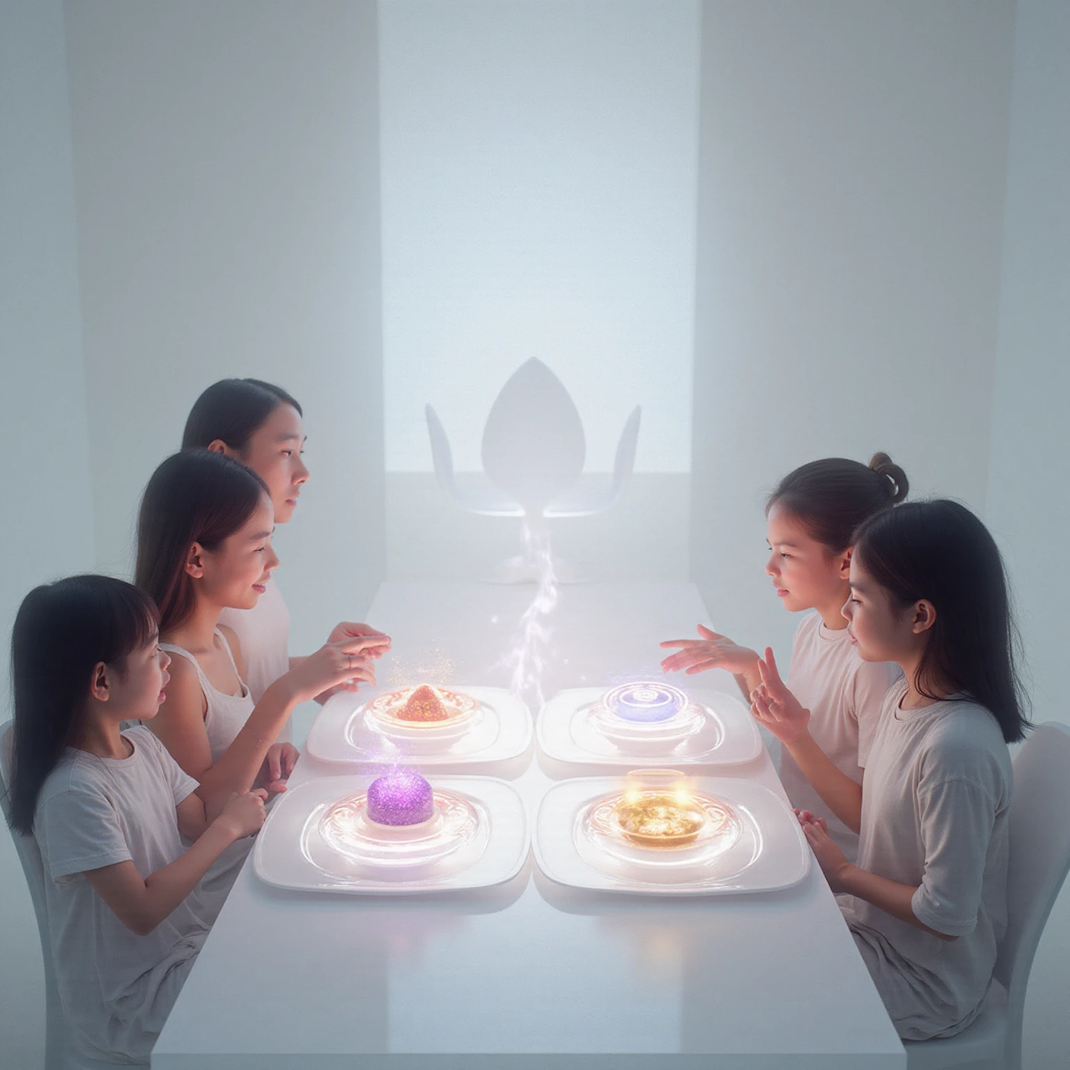 A futuristic family dinner in a minimalist, white environment. The table is , but directly above it, four individual holographic plates shimmer, each displaying a different, impossible sensory experience: one emits glowing, velvet purple mist (touch/smell), another produces complex, visible sound waves (hearing/taste), and the third is a rotating orb of pure, sweet light (sight/taste). The family members are dressed in simple, modern fabrics and have expressions of serene bliss and sensory overload. The light from the holographic food casts beautiful, impossible reflections on their faces. PonyXL photorealism, bright and clean aesthetic, concept art, high-tech magic, synesthesia visualization, 8k.
