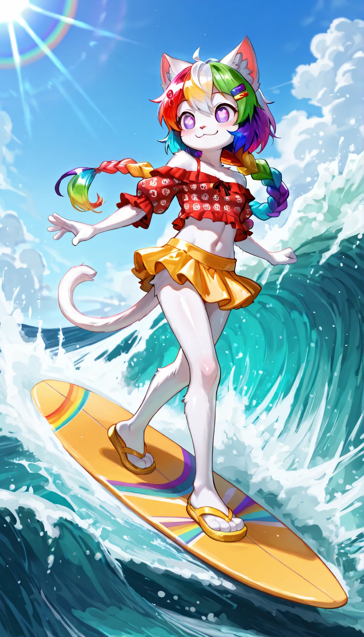 score_9, score_8_up, score_7_up, 1girl, solo, masterpiece, best quality, amazing quality, very aesthetic, absurdres, source furry, young, furry cat, (Rainbow colored hair, colorful hair), (messy, messy), (long braid ponytail), lilac eyes, sparking pupils, smile, white body fur, short body, oily skin, eyeshadows, ((sun hairpin, red ruffled shirt with purpurine pattern, short ruffled sleeves, off shoulders, midriff, yellow mini skirt, sandals)), navel, small breasts, cat tail, cat ears, small breasts, looking at you, :3, full body, feets with three toes, standing, surfing, anime style, standing on a surfboard, outside, The beautiful blue sea, waves, sky, surfing pose,
