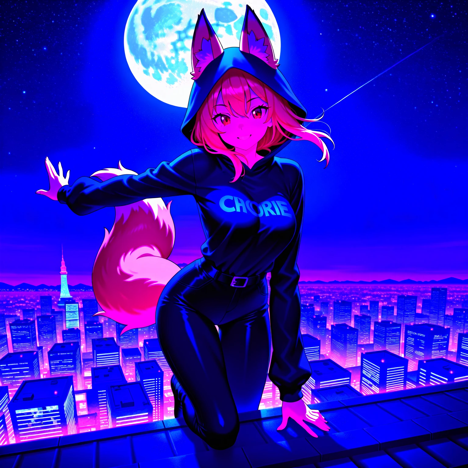 2girls, doing anything, any pose, massive breasts and hips and butt, hoodie and shorts, any fur color and pattern, any eye color [Heterochromia allowed], ((Fluffy fur and tail)), full face blush, any expression, doing anything, any pose, rooftops, night