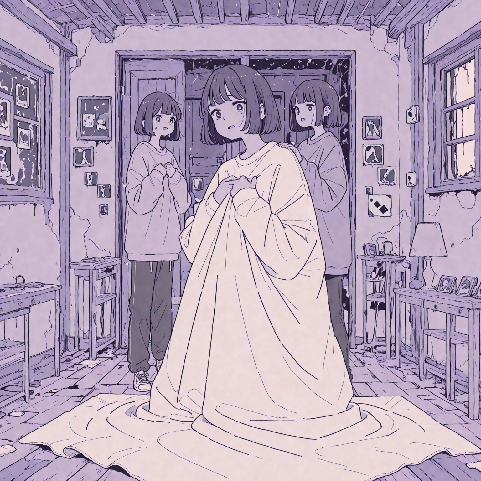 sexy girl, drunk face ,  white t-shirt, dark environment, macabre scene, transcendental journey through  use , lunatic travel