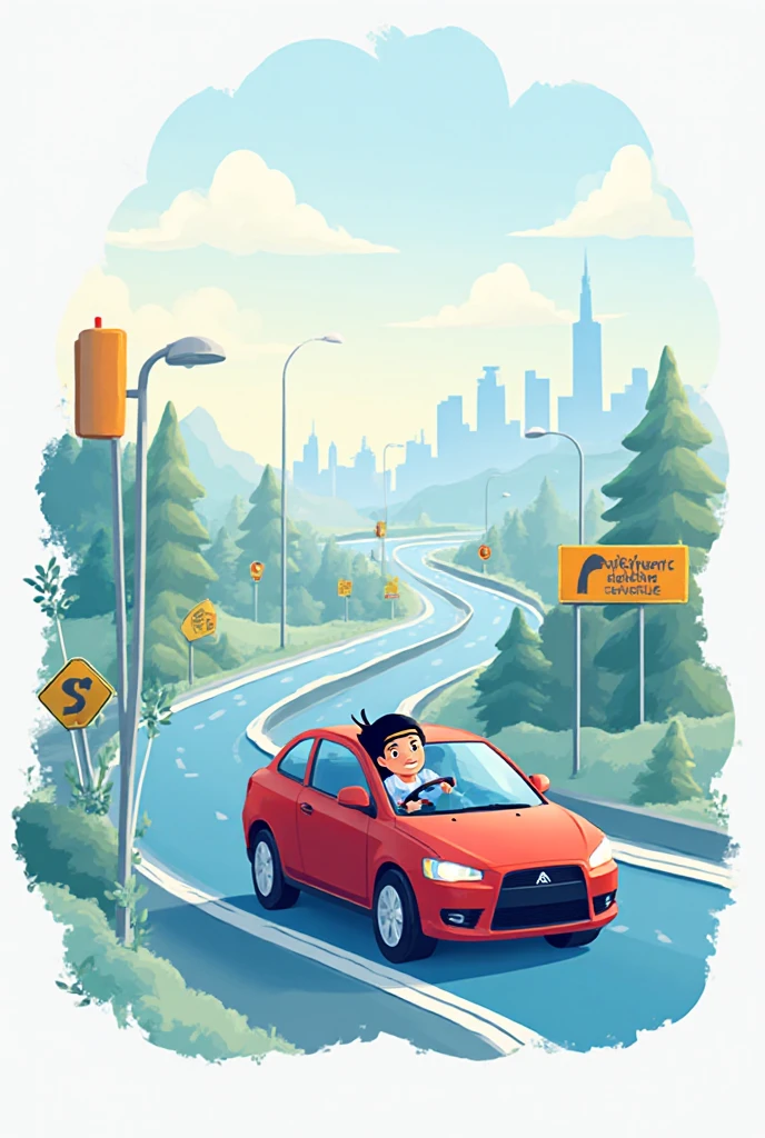 ((Long shot:1.8)), (masterpiece, best quality:1.2), (Flat vector:1.3)，Artistic concept illustration，minimalist style，simple，1 girl，((Racing track with green tones on the head、Hair decorated with racing track and sports car elements，Fantasy illustration of racing car speeding on a curved track，Evoke the allure of captivating racing scenery))