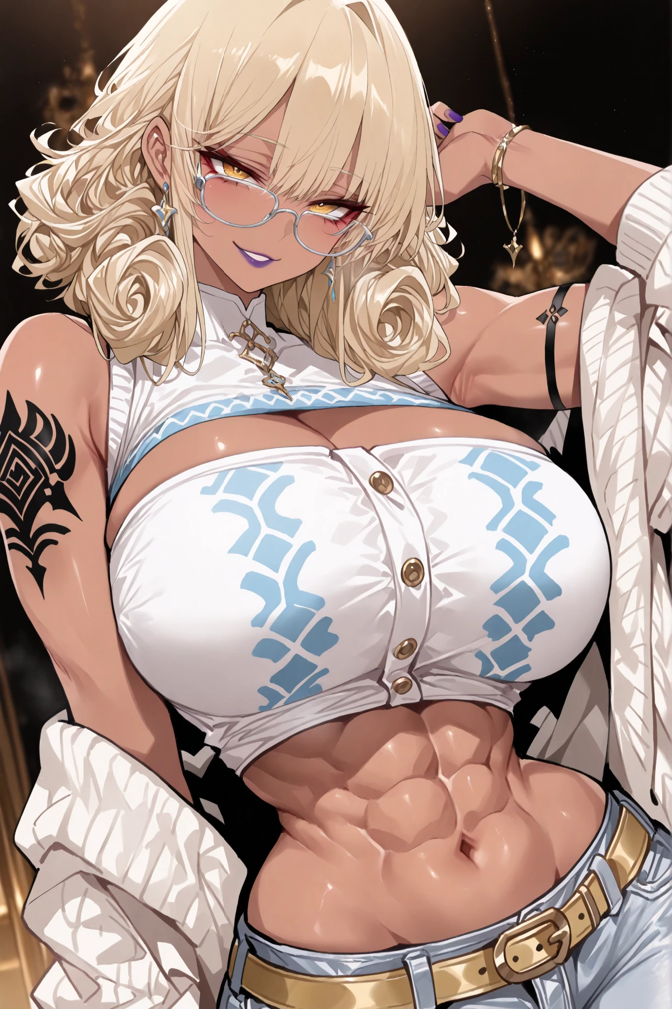 masterpiece, best quality, 1girl, solo, alone, score_9, score_8_up, score_7_up, anime screencap, BREAK 1girl, shoulder-length blonde curly hair with dark roots, voluminous tight curls, dark brown skin tone, minimal makeup with purple lips, large round silver-framed glasses, confident smirk, colorful tattoos on both arms, beige or cream sleeveless long vest or cardigan worn open, light blue and white patterned bandeau top or tube top with circular designs, exposing significant cleavage and midriff, light blue denim jeans with yellow belt, black tattoo visible on lower abdomen, (curvy: 1.4), (large bust: 1.5), (narrow waist: 1.3), (toned abs: 1.2), (wide hips: 1.2), large expressive eyes behind glasses, detailed eyes, detailed body proportions, confident pose with one arm extended, dishwasher1910, Siu, fishine, jipa42760710, anip41nt) (young woman:2.5), (adult:2.5) (tall, 1girl, solo, curvy figure, slim waist, toned body, wide hips, large breasts, voluptuous, first-rate female body)
