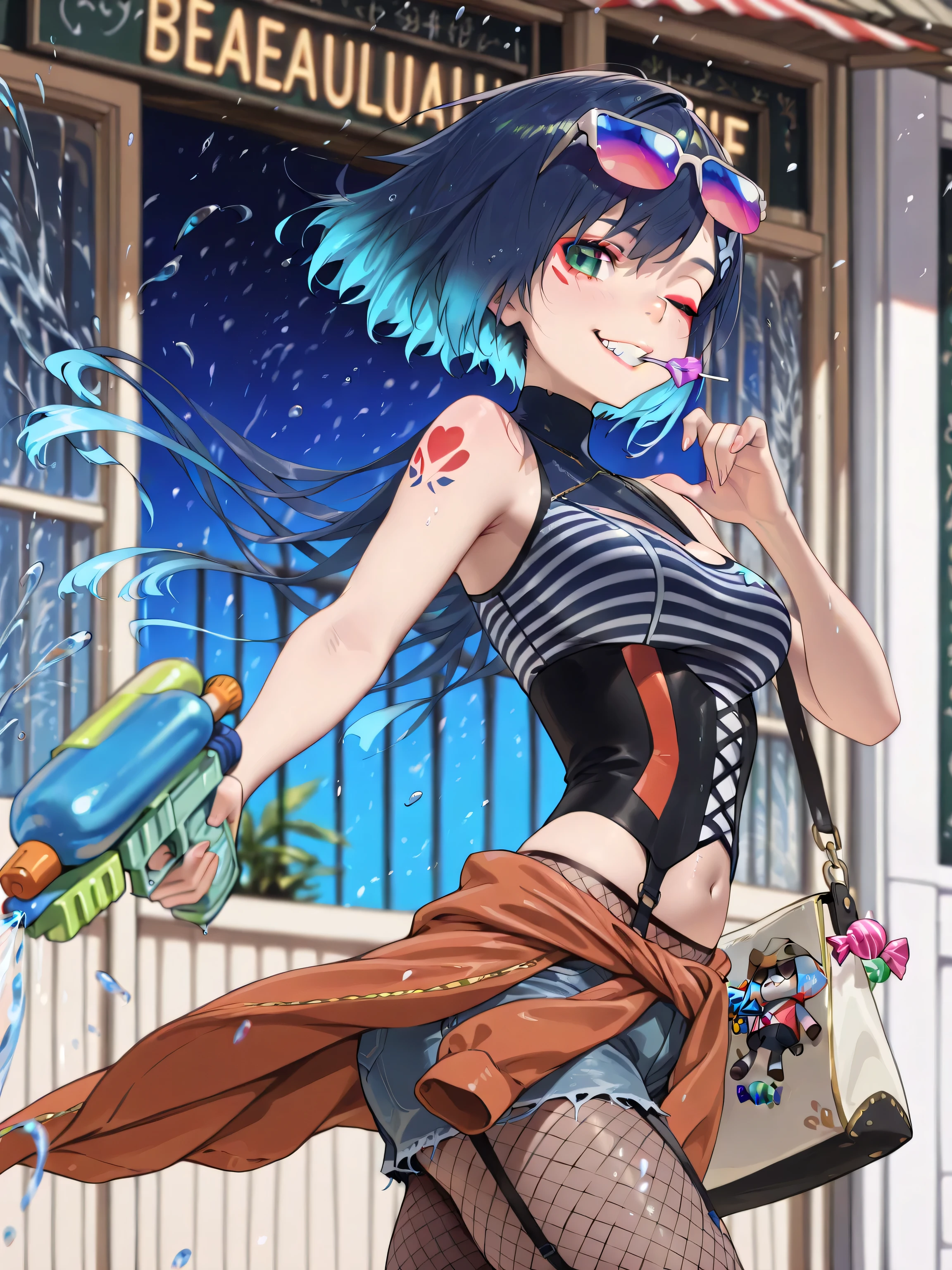 ((言語: 日本語、英語)、(Masterpiece), (Highest Quality), (High Score), (High Resolution),(4k),Uncensored,),
(masterpiece, best quality, very aesthetic),
(ファンタジー、近代のイギリス、(日中)、(屋外)、1girl,solo,),
(This prompt is not NSFW!),
(,(Shopping district, stylish confectionery shop, front door),(Large window panes, standing signboards, houseplants),,,(Candy Dancing in the Sky),,,(Anatomically accurate structure),),

((water spray,,BREAK,(an extremely cute and beautiful girl), (Hair flowing in the wind), (hairdetailer:1.5),(ultra-detailed face:1.4),(detailed eyes:1.4),[(depth of field, shallow depth of field, background gradually blurred, sharp focus on character),:1.4)][(Frontlight:1.3)],))

((mature woman,ichigo_franxx, blue hair, short hair, hairpin,(Colorful sunglasses, sunglasses on top of the head),tattoo, [(gradient hair from bule to Marine Blue:1.4)0.5],Turtleneck swimsuit, belly button, shorts, jacket tied around the waist, sandals,(Striped swimsuit),Cowboy hat,(medium breasts),(Slender),(short height),(medium hip),(navel),),(black garter straps),(black underbust corset),(black (fishnet pantyhose),),((grin),wink,(makeup:1.1),)(standing :),(reaching:1),(bent one knee:0.5),(twisted torso:1.2),,BREAK,(w4t3rgn,holding water gun, shooting water:1.4),[looking back:],[face forcus:],[cowboy shot:],,BREAK,[from side:0.8],[dutch angle],(candy in mouth:1.4),,BREAK,(big shoulder bag stuffed candy),(many chandys in the bag),),
(Ride a motorcycle, straddle a motorcycle, drive a motorcycle),
(short hair),

(The correct number of fingers, five fingers),
