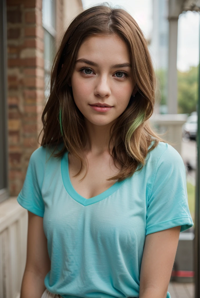 White woman, 35 years old, Brown hair, long hair, Nice hair, Nice face, simetric face, Green eyes, Nice body, cute, shy, green tank top, smile, earrings, mall