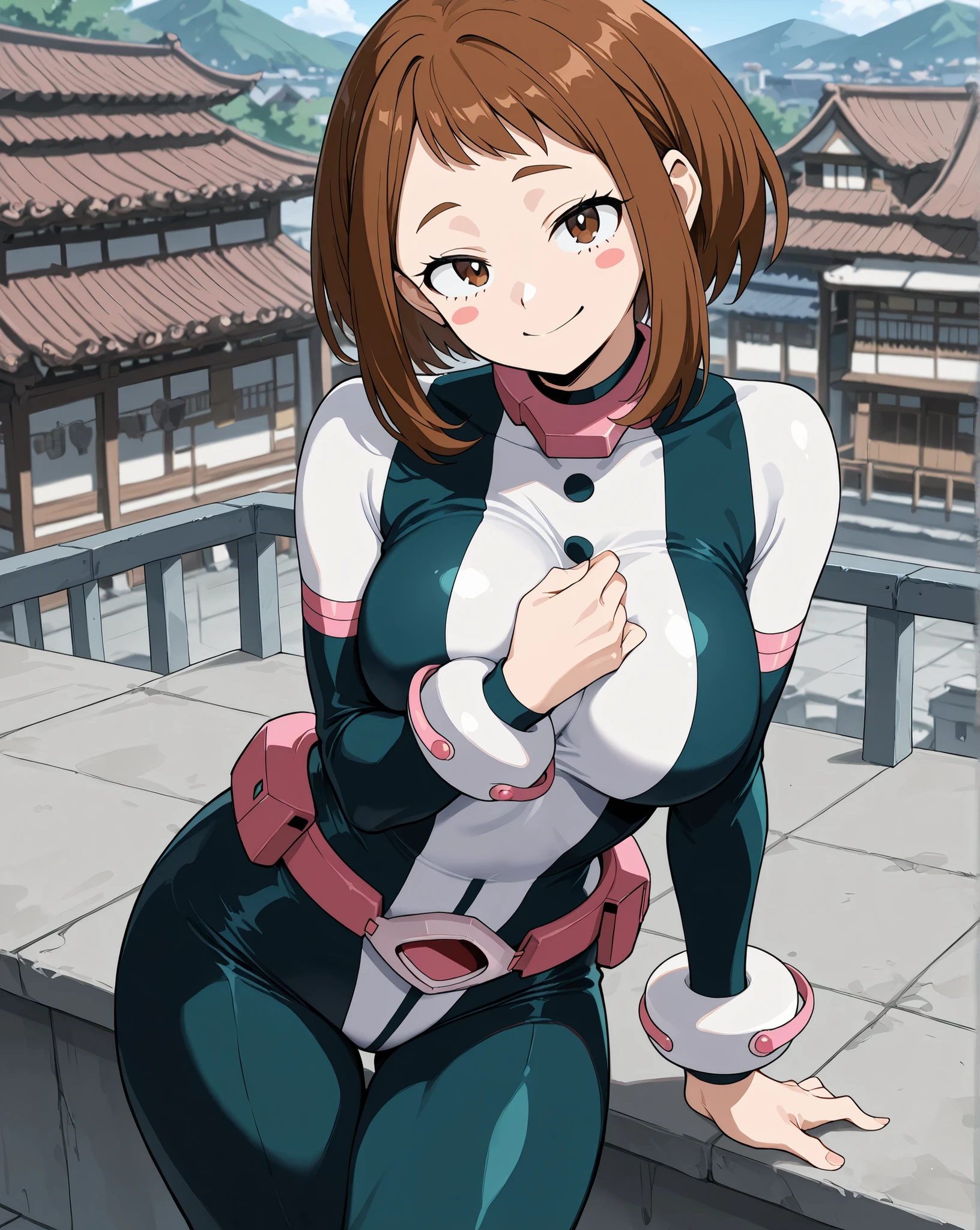 Ochaco Uraraka \My hero academia\, brown hair, short hair, blush stickers, brown eyes,
superhero, hero bodysuit, bodysuit, skin tight, black tights,
pink wrist guards,
pink belt,
happy, seductive expression, looking at viewer,
solo, standing, pin up pose, one hand on breasts, on rooftop, front view, cowboy shot,
rooftops, japanese town,
best quality, newest, absurdres, score_9, score_8, negative space, beautiful anime female, slender body, anime coloring,