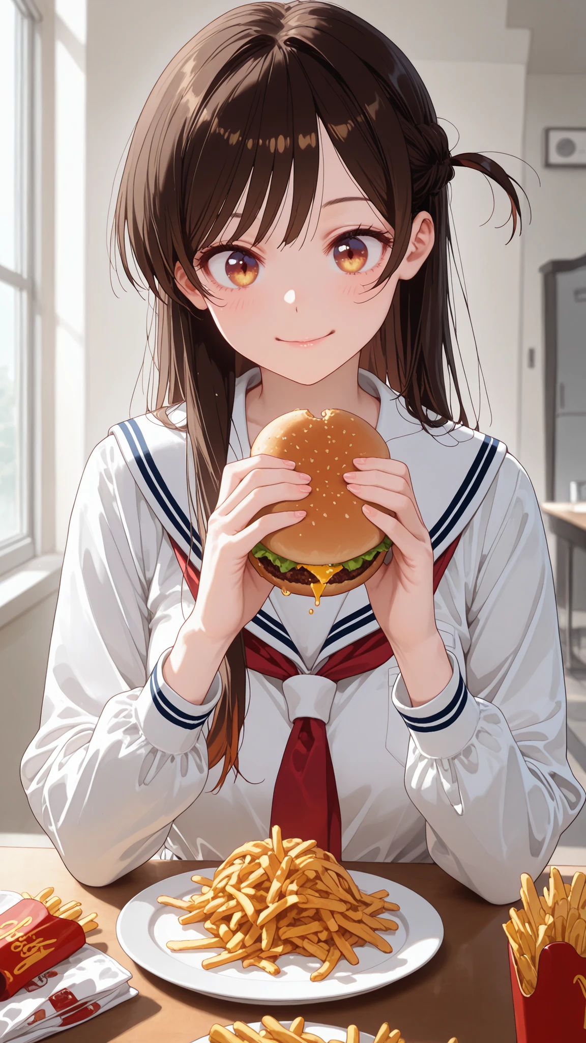 (BROWN AND LIGHT YELLOW GRADIENT IRIS EYE:1.2),Mizuhara Chizuru,1 Girl,View Me:1.3,brown hair:1.3,volume lighting:1.3,Open Your Eyes:1.5,(soft iris glow:1.5),normal chest,(YOUR FOODING POTATO FRIES:1.4),,masterpiece,ultra fine,High Quality,open your mouth and light smile:1.5,is embarrassing,brown hair,light yellow and dark brown gradation eyes,straight hair,(school sailor uniform:1.3),long sleeve,slender,D cup:1.3,detail hand:1.5,(front shot:1.4),(happy:1.2),Mizuhara Chizuru,Art Station CG Society:1.6,detail hand:1.3,Art Station's CGSociety,tiny hips:1.7,My Room:1.2,:1.5,Burger on a plate:1.3,holding fries:1.5