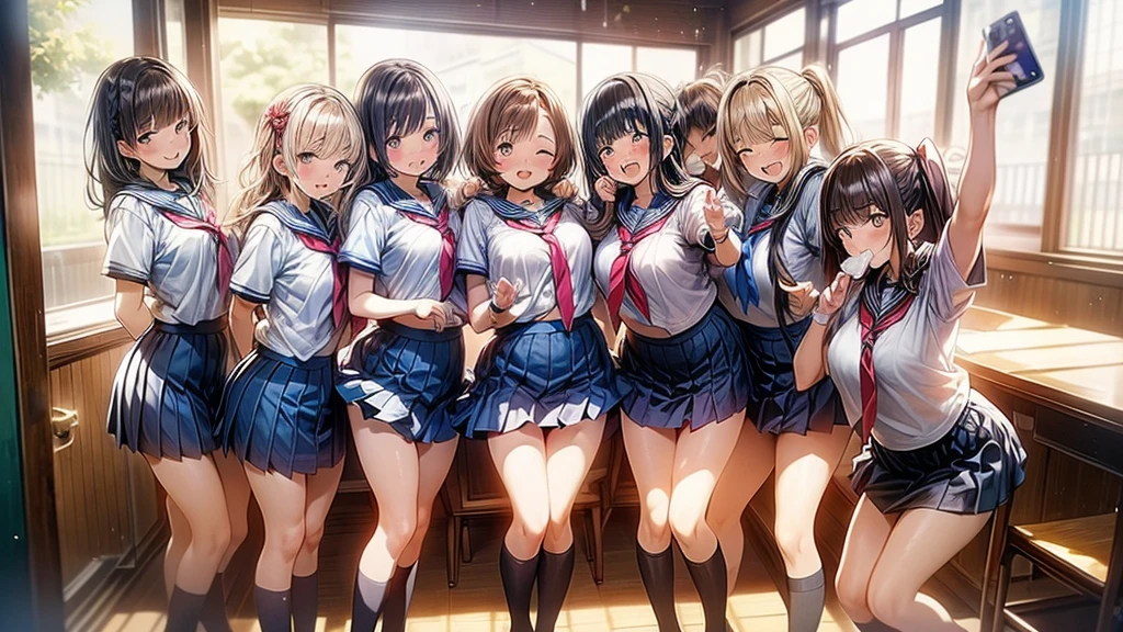 nswf:1.3,(masterpiece: 1.2, highest quality, masterpiece, Clearer images), (Bright colors), ((Take clear photos even from a distance)), (multiple girls), (Harem), (School classmates), (((All school uniforms have the same design))), (((Everyone is wearing the same navy blue skirt))), ((16 years old)), ((????????????婦)), (????????????宿, on the bed), (cute Japanese((6 girls))), (((infant'face))), ((group shot)), (group selfie), ((??? visible through thighs))、 (Full body diagram from head to toe), front, frontやや下からの構図, symmetry, 18 year old tall girl, alone, (whole body from head to toe),wide angle, soft light, ((((laugh with your mouth wide open)))), (slightly larger ???????), ((????????????)), (lure), ((viewers love it)), (((A lot of hearts are flying))), Landscape、(((show ?????:1.6)))、((((M ???????????:1.4)))、((female ????????????:1.8))、((?????? grab:1.3)),(((bra lift:1.2)))、(skirt lift:1.3) 、one eye closed、stick out one's ??????、((youth))、black tights、black stockings、black pantyhose、black stockingsックス