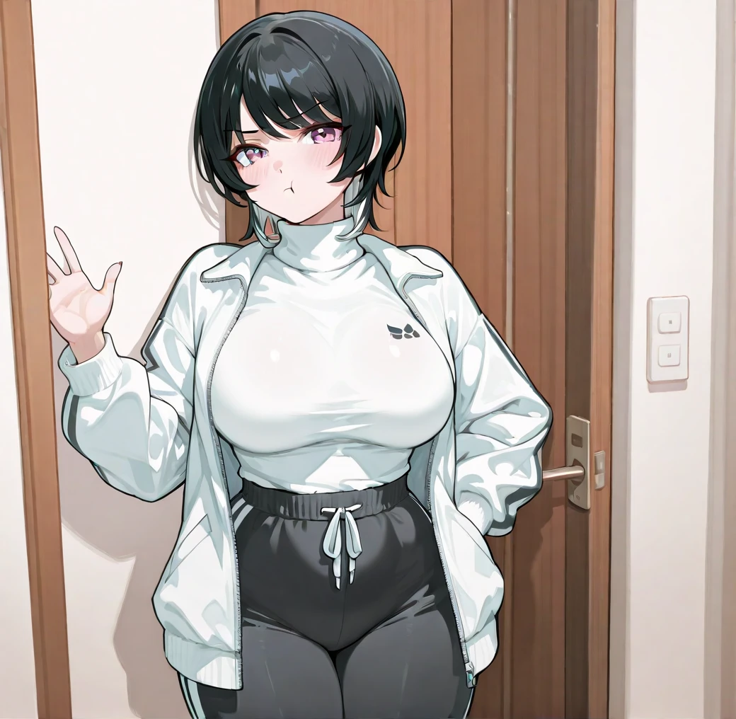 masterpiece, Highest quality, 1 person,( Large Breasts,Are standing, View your audience,),Detailed Background、A person who writes in detail、Accurate human body、Knowledgeable person、Accurate 5-finger,Mature Woman,Thighsが太い,Cruby Body,allmind,Long sleeve、Thighs、alone,((Oversized hoodie,)),slave collar,