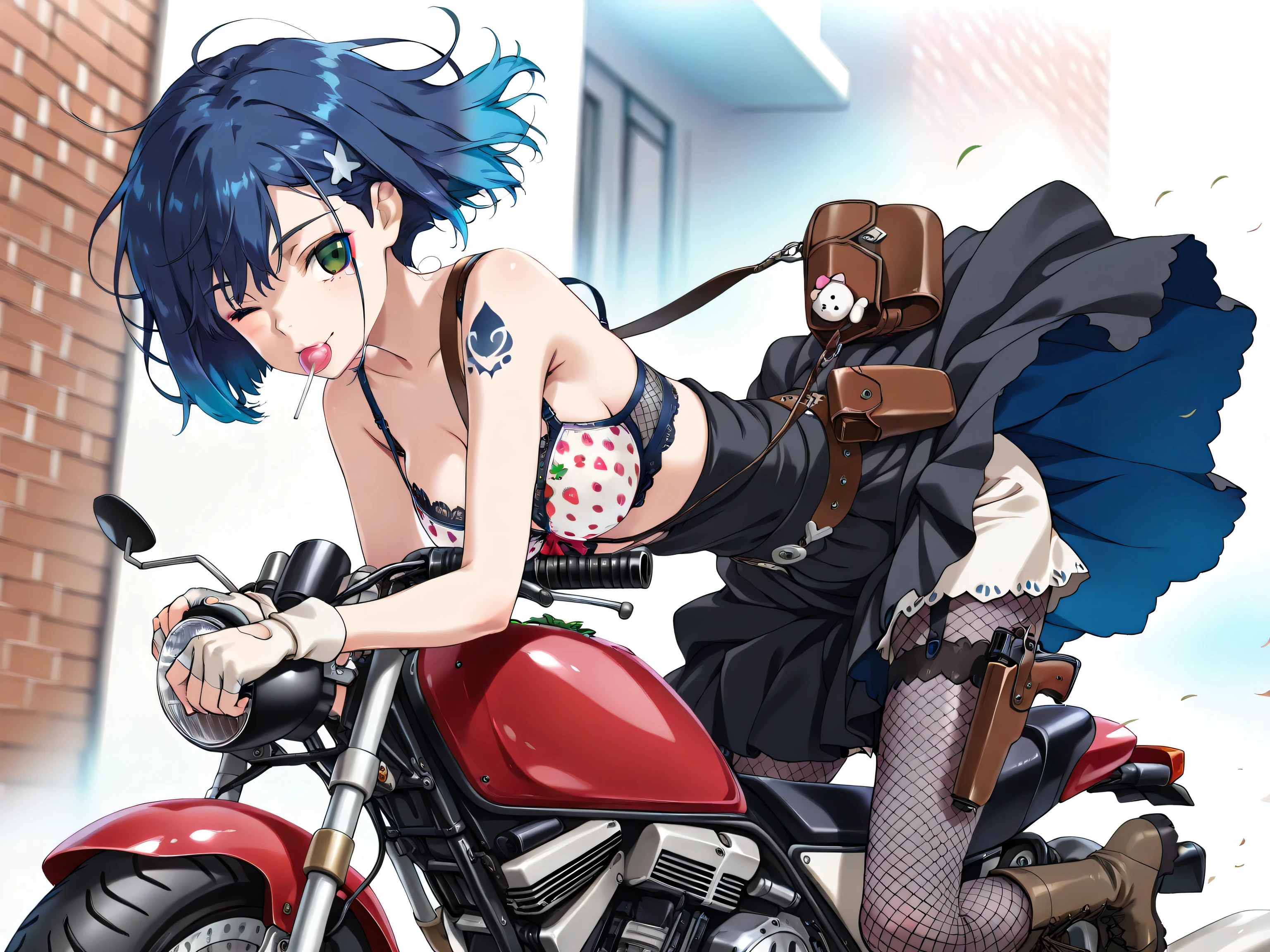 ((言語: 日本語、英語)、(Masterpiece), (Highest Quality), (High Score), (High Resolution),(4k),(A strawberry-patterned bra dancing in the wind),Uncensored,),
(masterpiece, best quality, very aesthetic),
(ファンタジー、近代のイギリス、(日中)、(屋外)、(1magical girl.solo),),

(,(UK, alley), (brick wall),,,(a motorcycle), (she is riding the motorcycle),(riding a motorcycle),,(A strawberry-patterned bra dancing in the wind),,(skirts fluttering in the wind),(Her skirt flutters in the wind:1.4),(Anatomically accurate structure),),

((wind,,BREAK,(game cg), (Hair flowing in the wind), (hairdetailer:1.5),(ultra-detailed face:1.4),(detailed eyes:1.4),[(depth of field, shallow depth of field, background gradually blurred, sharp focus on character),:1.4)]))

((mature woman,ichigo_franxx, blue hair, short hair, hairpin, green eyes, [(gradient hair from bule to Marine Blue:1.4)0.3],(Face tattoos, gothic lolita style, black dress, brown pouch (containing a large quantity of lollipop candy), white shorts, strawberry-patterned shorts, leather lace-up boots, white gloves, fingerless gloves),(handgun, gun holster),(medium breasts),(Slender),(short height),(medium hip),),(black garter straps),(black (fishnet pantyhose),),(wink,(makeup:1.1),)(leaning forward:1),[looking back:],[hip forcus:],[cowboy shot:],[from behind:0.8],,BREAK,[three-quarter view:1.4],(candy in mouth:1.4),,BREAK,(A shoulder bag stuffed with candy),),
(Ride a motorcycle, straddle a motorcycle, drive a motorcycle),
(),
（ハイスコア）、（最上級の画像生成）、
(The correct number of fingers, five fingers),
(strawberry-patterned shorts:1.4,big strawberry)
