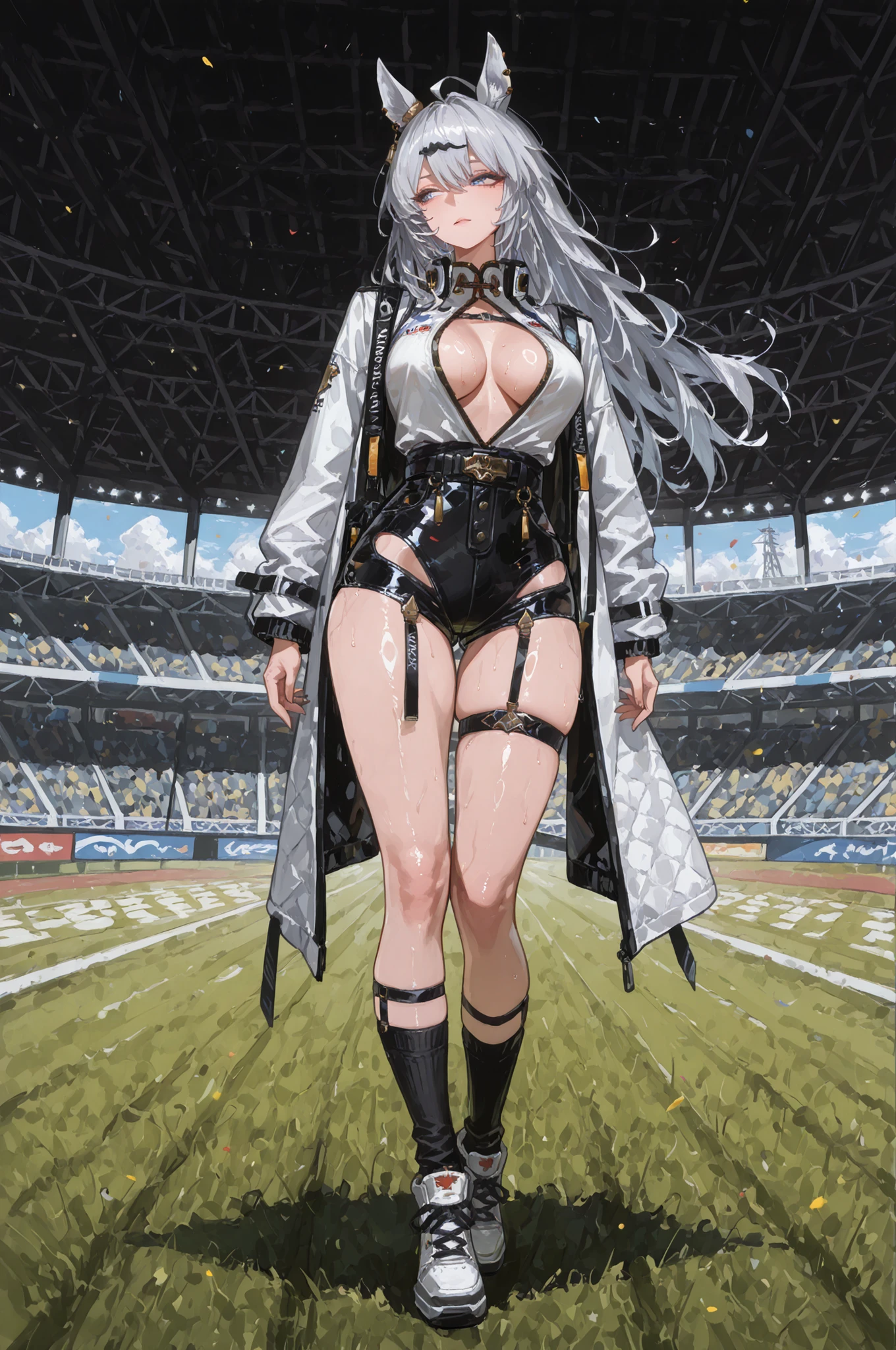 lawnの上、racecourse、緑のlawn、新緑のlawn、、Yee Xuan、collapse Starrail、Racecourse、Uma Musume、horse ear、Jirio Mahonoko、 A sophisticated eye 、Full Body、GBF_style、748cm style for bigi、32K、Semi Realistic、  super detailed description on the front 、art work、Original Work、 Detailed Color、 detailed eyes、 detailed face 、Detailed Eyes、detailed eyes、Exquisite eyes, The best傑作、professional job、Beautiful , Lots of Piercings, pop art, shiny skin, realistic skin, The best, long hair, blue eyes,    cool look, narrowed her eyes, viewers, Silver Hair、lawn、Racecourse、Turf、Race Course 、Dynamic Poses 、緑のlawn,Racecourse、lawn、Black Knee Socks、緑のlawn、black hotpants、black hotpants、black tights、lawnの上、frustrated、Three-quarter sleeves、3/4 sleeve long coat、white coat、garter belt、Yee Xuan、open  clothes