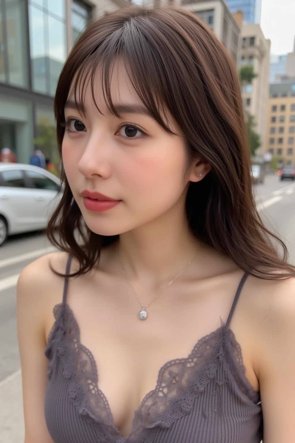 Female、White drool from the mouth、Short Hair Outdoor Fair Skin Disheveled Hair Super Cute、Soft and face、brown hair、8K resolution、Super realistic、Super fine、 Soft body toned  night、A cup small （（Highest Definition、8k、masterpiece：1.3））、Super fineな顔、Super fineな唇、Fine eyes、double eyelid、Black see-through:1.1