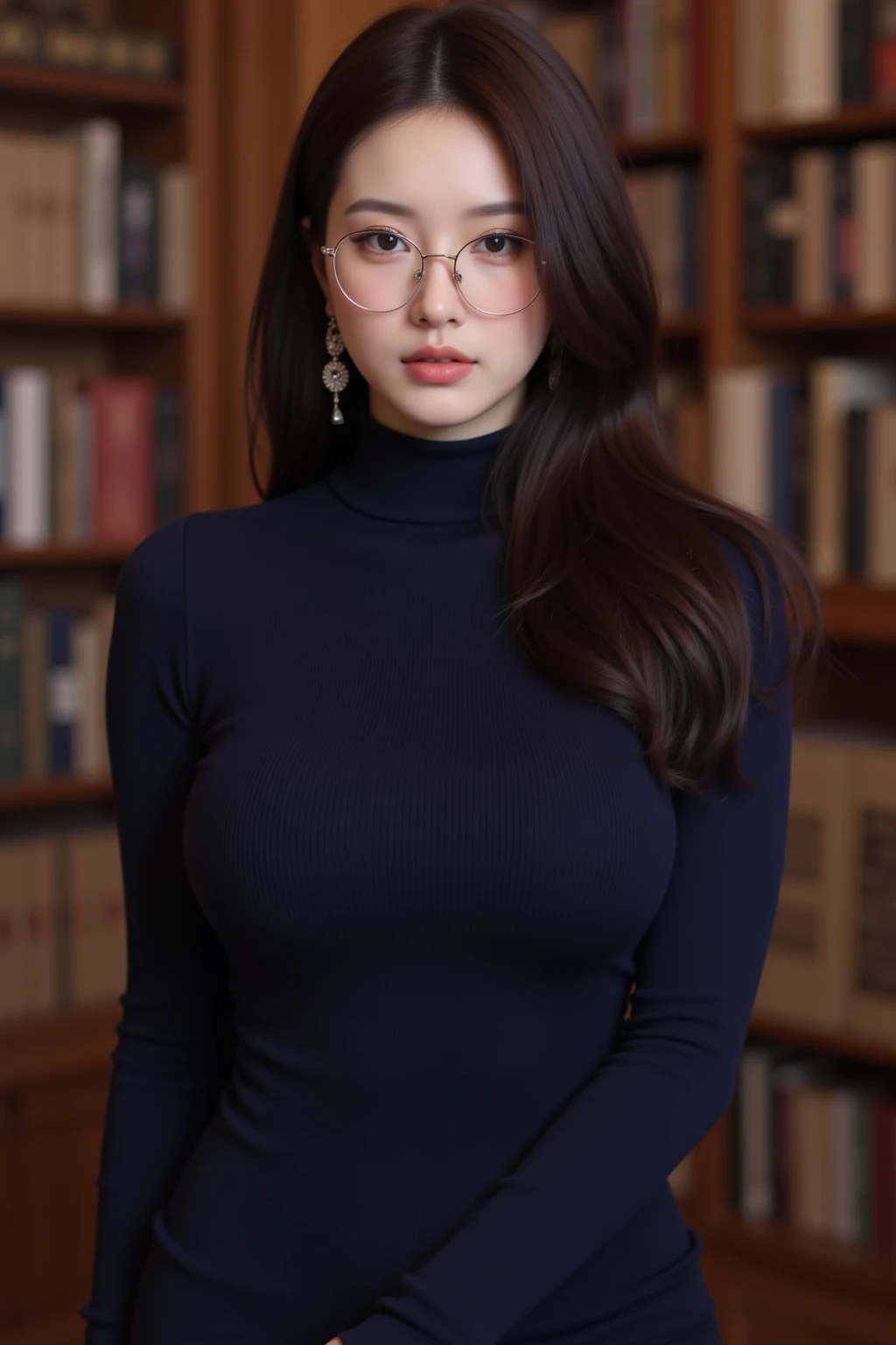 Masseter muscle part, highest quality, masterpiece, High resolution, Photoreal, Raw photo, 8k wallpaper, perfection, professional lighting, very detailed, Depth of written boundary, ((one beautiful woman)), ((33 years old)), women sexy, detailed face, beautiful eyes, bangs, ((Shapely big breasts 1.８)), light brown straight hair, faint lips, gentle smile、Glasses with metal frames, ((stand in front、look at the audience, serious face eyes)), Navy blue sweater, flare skirt, In the library、Inside a second-hand bookstore、
