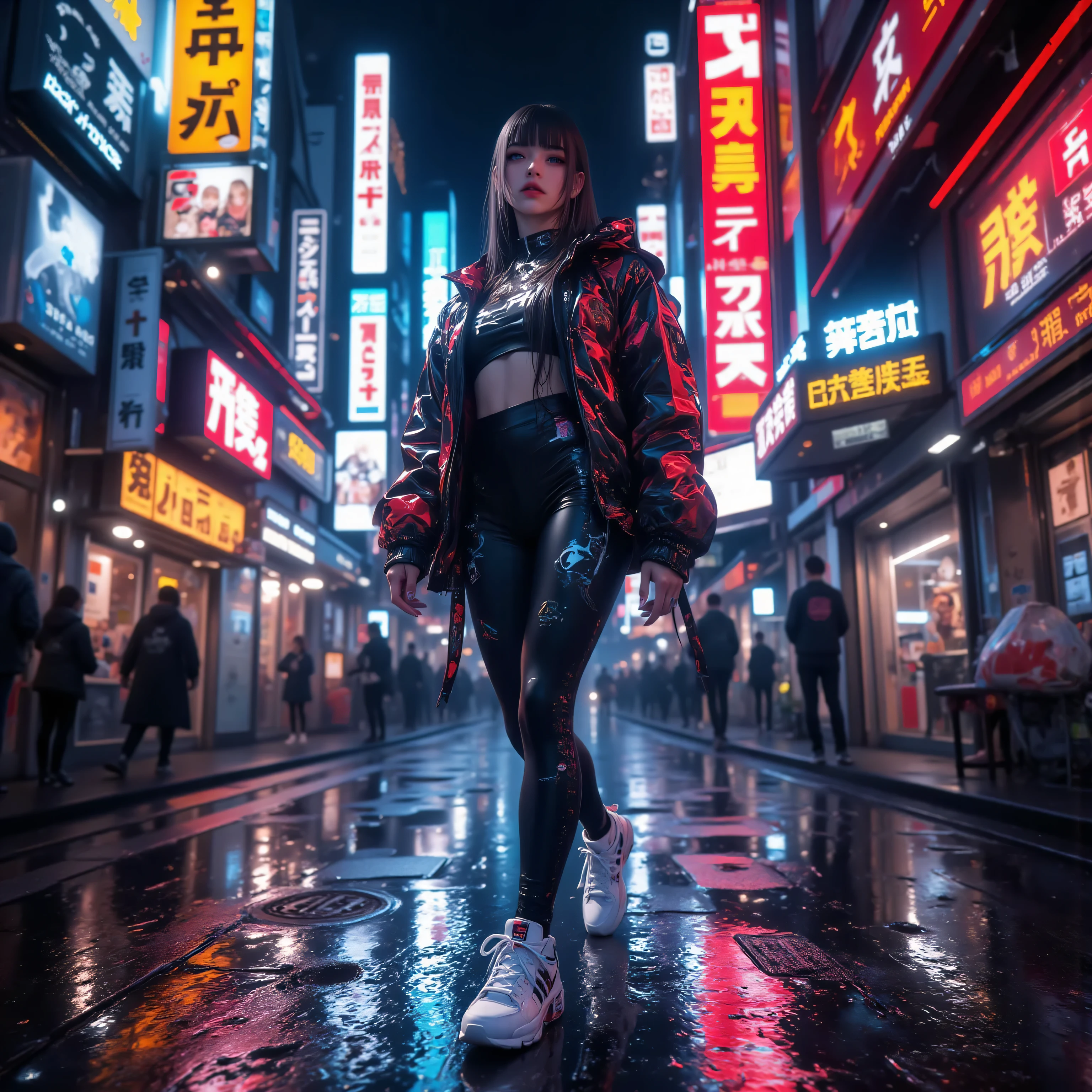 stunning young woman, walking confidently through a futuristic neon city at night, wearing stylish tight leggings with reflective details, sporty jacket, sleek hair, glowing signs and rain reflections, cinematic cyberpunk lighting, photorealistic, ultra-detailed textures, vibrant colors, pretty face with expressive eyes, perfect anatomy, modern sneakers, fashion editorial look, dramatic contrast lighting, HDR effect, shallow depth of field, fashionable and confident pose, fine detail on clothes and accessories, atmosphere of motion and energy
Negative prompt: blur, watermark, distortion, extra limbs, bad anatomy, poor lighting, low resolution, unrealistic colors, artifacts