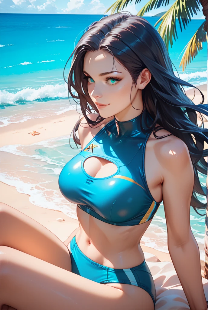 (((masterpiece))), Nico Robin, One girl, alone, whole body, Long Hair, View your viewers, smile, blue eyes, ?????????????, Black Hair, belly button, Holding, Cleavage, Mouth closed, ???? pose, bewitching pose, model posing, clavicle, Jacket, Short sleeve, Cowboy Shot, Outdoor, On the boat、null, Day, abdomen, cloud, water, Stomach, blue null, 魅惑的なsmile、Crop top, between legs, Ocean, sunglasses, Wear glasses on your head, zipper, cropped Jacket, High collar, ?????, salon, I slicked my hair back., partially ?????, print salon, 