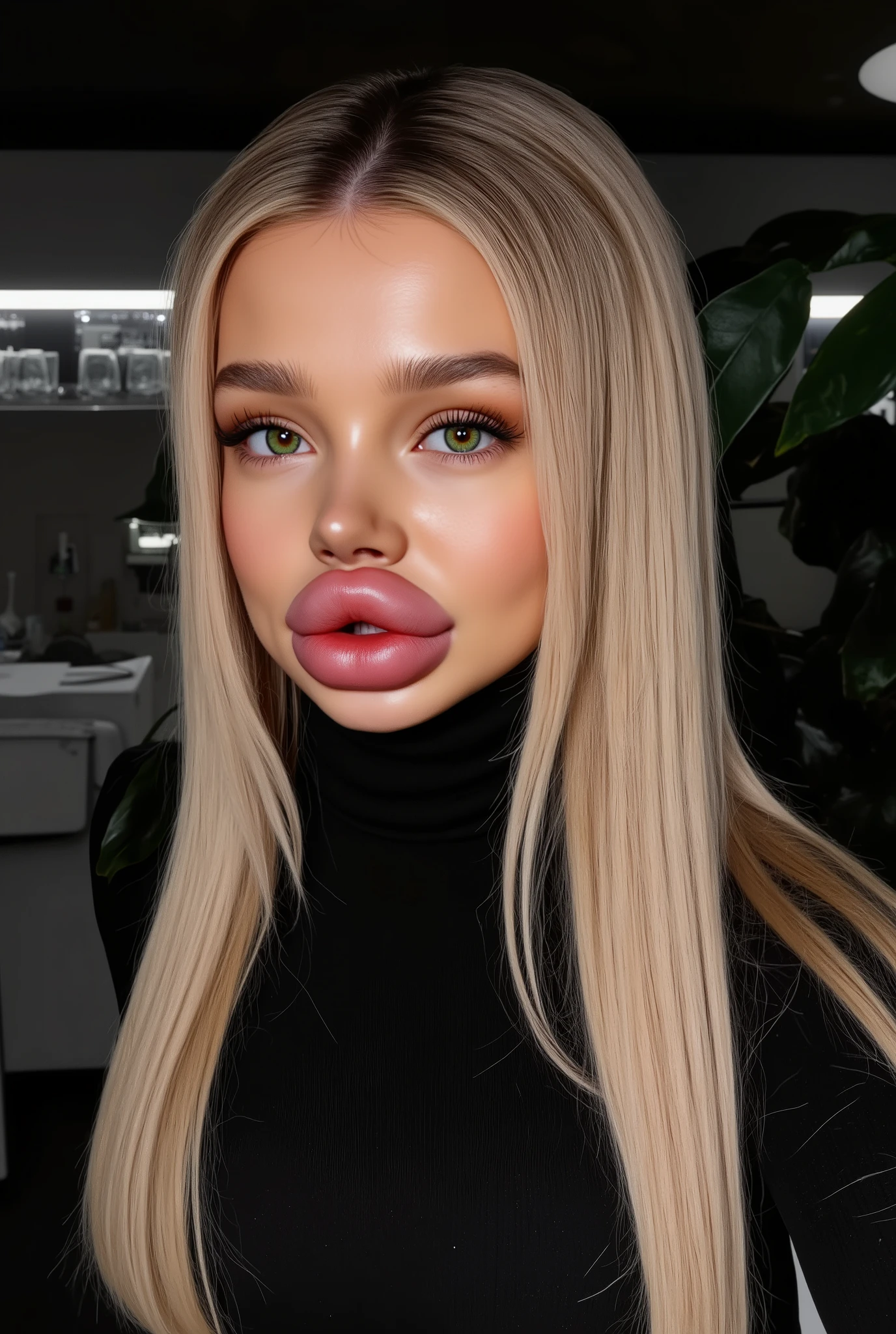 Ultra-realistic front view portrait of a super cute young woman in her 20s with platinum blonde hair with black roots. She has a puffy face and long eyelashes. Her facial features are huge fake round bimbo lips, glossy and overfilled, and she has round cheeks. She Looks innocent. She is wearing a tight black ribbed wool turtleneck sweaster. She has bright green eyes. The lighting is soft and even, and the background is minimal, emphasizing her face and outfit. The style is high-end influencer aesthetic, ultra-detailed, photorealistic, cinematic 8k. 
