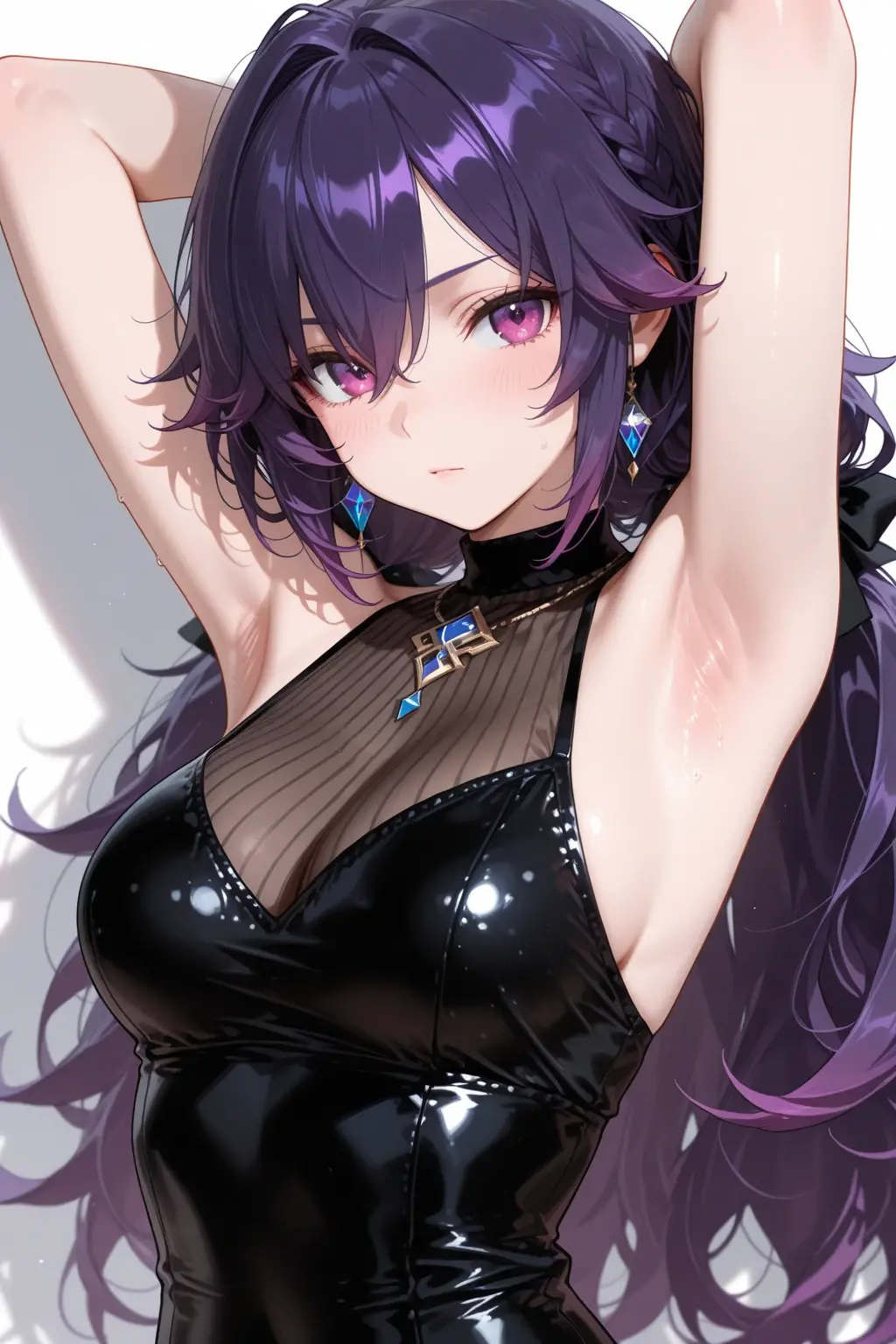 1girl, solo,black latex ????????,eyewear on head, navel, thongs, purple eyes, rain, , looking at viewer, ???? shoulders, stomach, midriff, purple hair, parted lips, choker, off shoulder, black choker, tattoo, ?????????, panties, sitting, black crop top, ??????????????, criss-cross halter, halterneck, shirt, white shirt, long hair, highleg, black panties,star-kafka,????????????,shiny,shiny skin,mature female