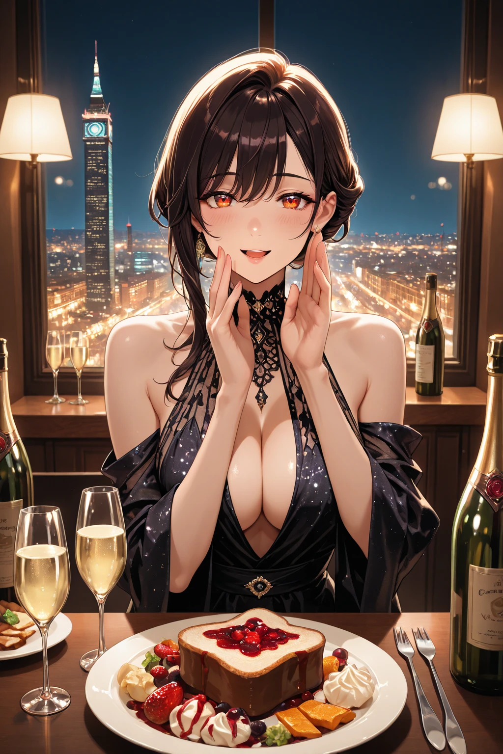 highest quality、masterpiece、16k、A woman holding a glass of champagne with a beautiful night view in the background、
A revealing black mini dress、Shiny brown hair, short hair, Brown eyes、smile、Sparkling eyes, (Fine grain)、Ultra-detailed eyes、Red cheeks from drinking