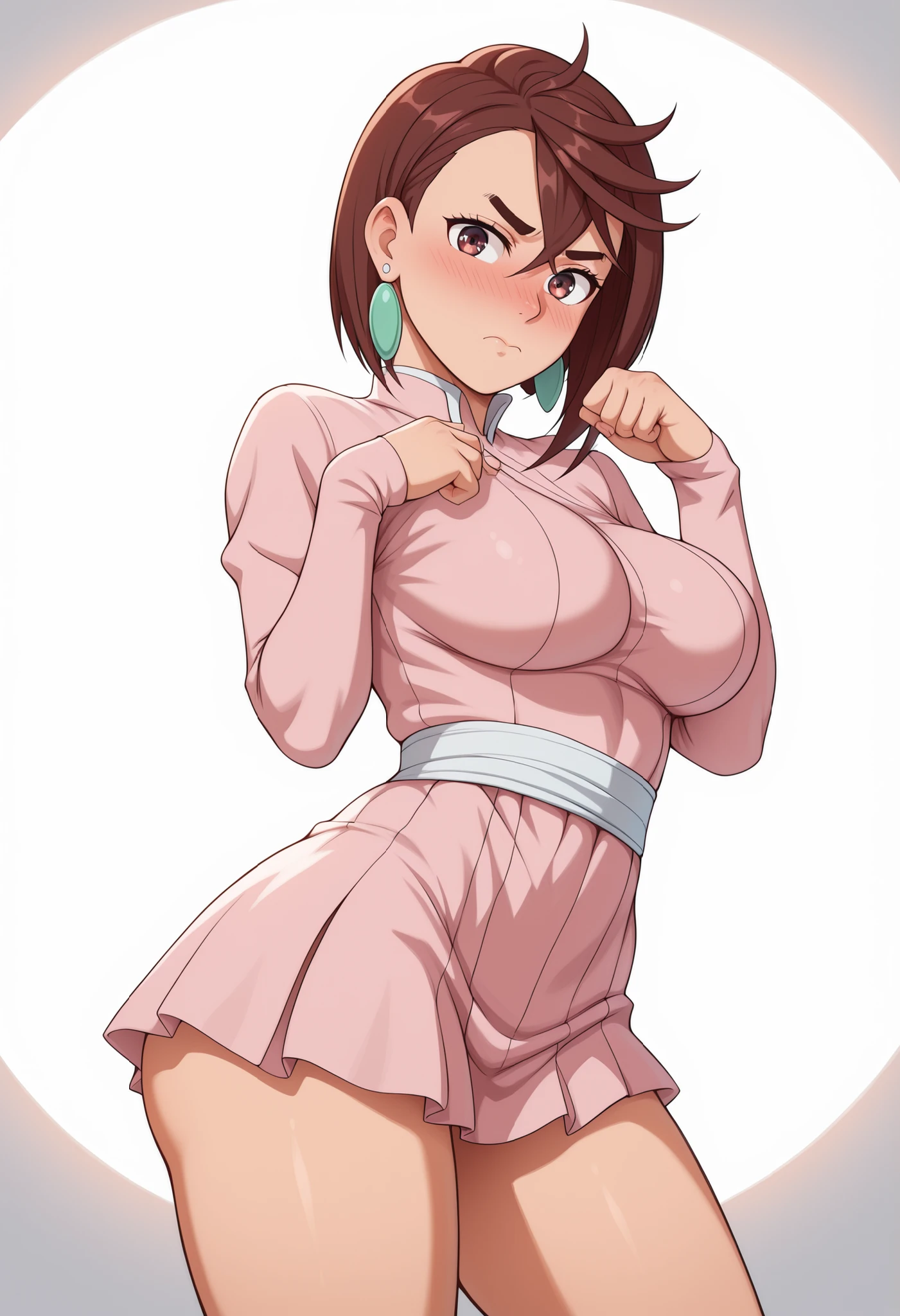 momo ayase, posing embarrassed , red face , short hair, brown hair, brown eyes, bangs, thick eyebrows, large breasts,, shy expression, blushing cheeks, detailed shading, soft shadows,, anime style, high detail, clean background. ,, alone, earrings, nose blush, cowboy shot, detailed background, ,looking at viewer,,, big ass, side pose, dynamic pose, dynamic, dynamic composition,beautiful sunlight, beautiful lighting, lens flare, light leak,,, emotional, . ,COWBOY SHOT,. High-resolution anime-style illustration, clean lines, smooth shading, and rich fabric details., solo focus, looking at viewer, shiny skin, shiny hair, shiny body, clear body, nose blush, BREAST FOCUS, POSING,, DYNAMIC POSE, NICE LEGS, COWBOY SHOT, cowboy shot, NOSE BLUSH,. ,, dynamic pose,, opaque clothes,,, ., opaque clothes, LOOKING AT VİEWER, opaque clothes, POSING,, nice legs, GLOWING EYES, NICE LEGS,, POSING, STANDING, short dress, lace sleeves