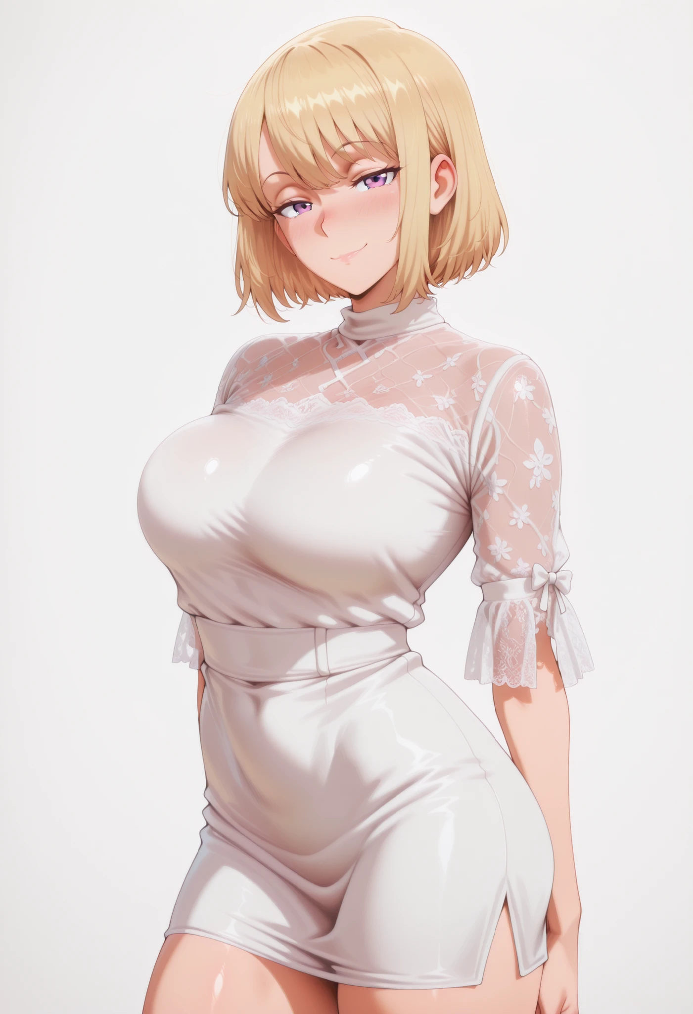 masterpiece, best quality, amazing quality, 1girl, solo, looking at viewer, blushing,, mature girl,side view, light smile, seductive, short hair, blonde hair, purple eyes, , ,bubble breasts, seductive twist, exaggerated voluptuous figure with impossibly large and prominent chest, dramatically slim waist, curvaceous hips, silky smooth skin with a mystical amethyst glow,, hips steady and slightly pushed forward, back straight to focus entirely on the chest and lace details), ultra-sensual face with a bold, confident, and mischievous smirk, highly detailed, 4k ultra quality, anime ecchi style,, vibrant and rich colors, hyper-sensual and irresistibly enchanting mood, shizuku kousaka (na honjaman level up), Anime screencap,solo focus, looking at viewer, shiny skin, shiny hair, shiny body, clear body, nose blush,, POSING,, DYNAMIC POSE,,, NICE LEGS, COWBOY SHOT,       ,,  TIGHT CLOTHES, covered breasts, , , , soft glossy skin , detailed shading , soft light , realistic anime style , ultra-detailed , 8k , masterpiece , highly detailed ,, , VIEW FROM FRONT , , ,, hourglass figure , large bust and wide hips ,, , OPAQUE CLOTHES , covered breasts ,    ,,white background, empty background,
 ,,. 
,,, DYNAMIC POSE,, covered breasts,,,short dress, lace sleeves