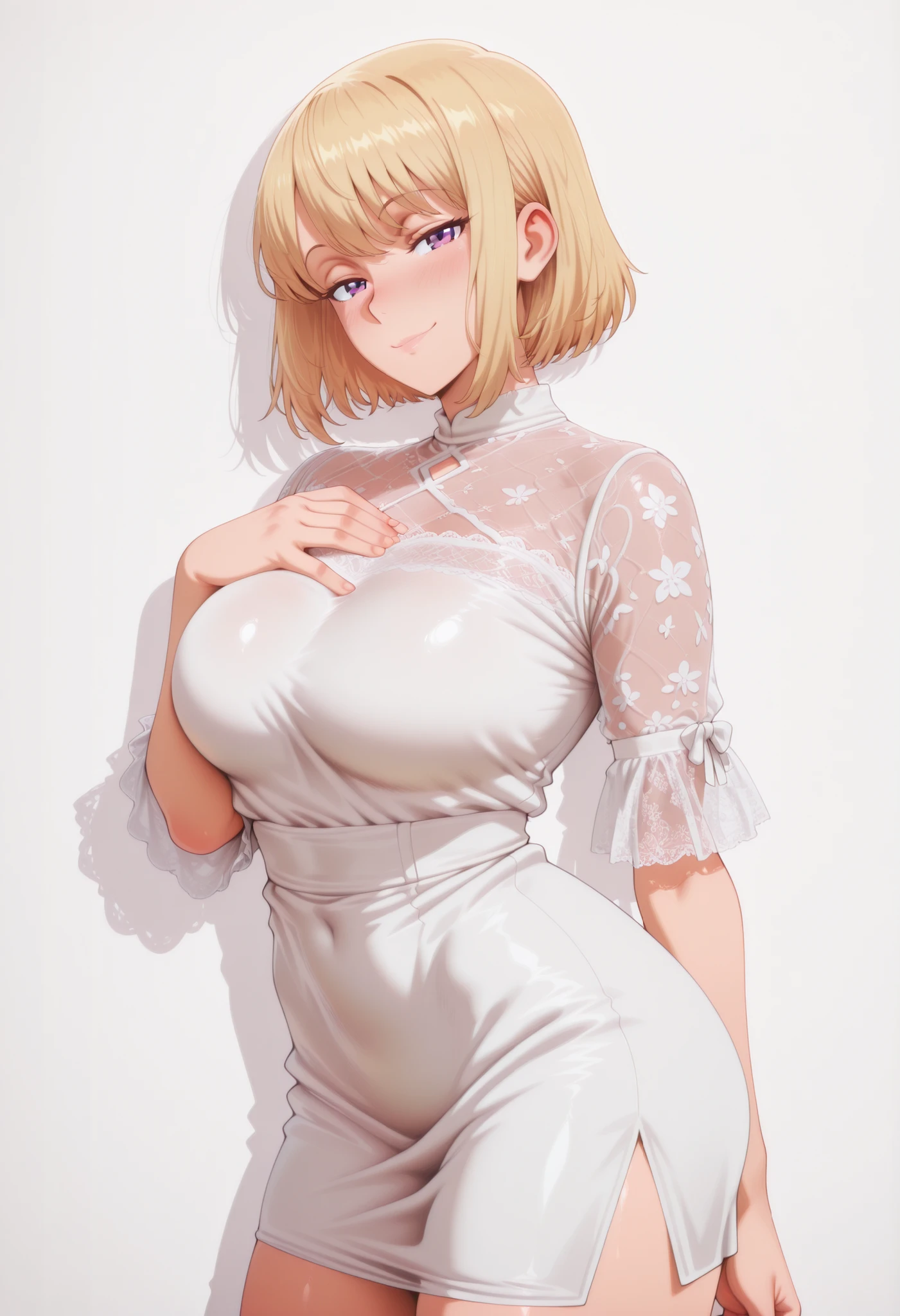 masterpiece, best quality, amazing quality, 1girl, solo, looking at viewer, blushing,, mature girl,side view, light smile, seductive, short hair, blonde hair, purple eyes, , ,bubble breasts, seductive twist, exaggerated voluptuous figure with impossibly large and prominent chest, dramatically slim waist, curvaceous hips, silky smooth skin with a mystical amethyst glow,, hips steady and slightly pushed forward, back straight to focus entirely on the chest and lace details), ultra-sensual face with a bold, confident, and mischievous smirk, highly detailed, 4k ultra quality, anime ecchi style,, vibrant and rich colors, hyper-sensual and irresistibly enchanting mood, shizuku kousaka (na honjaman level up), Anime screencap,solo focus, looking at viewer, shiny skin, shiny hair, shiny body, clear body, nose blush,, POSING,, DYNAMIC POSE,,, NICE LEGS, COWBOY SHOT, ,, TIGHT CLOTHES, covered breasts, , , , soft glossy skin , detailed shading , soft light , realistic anime style , ultra-detailed , 8k , masterpiece , highly detailed ,, , VIEW FROM FRONT , , ,, hourglass figure , large bust and wide hips ,, , OPAQUE CLOTHES , covered breasts , ,,white background, empty background,
,,.
,,, DYNAMIC POSE,, covered breasts,,,short dress, lace sleeves