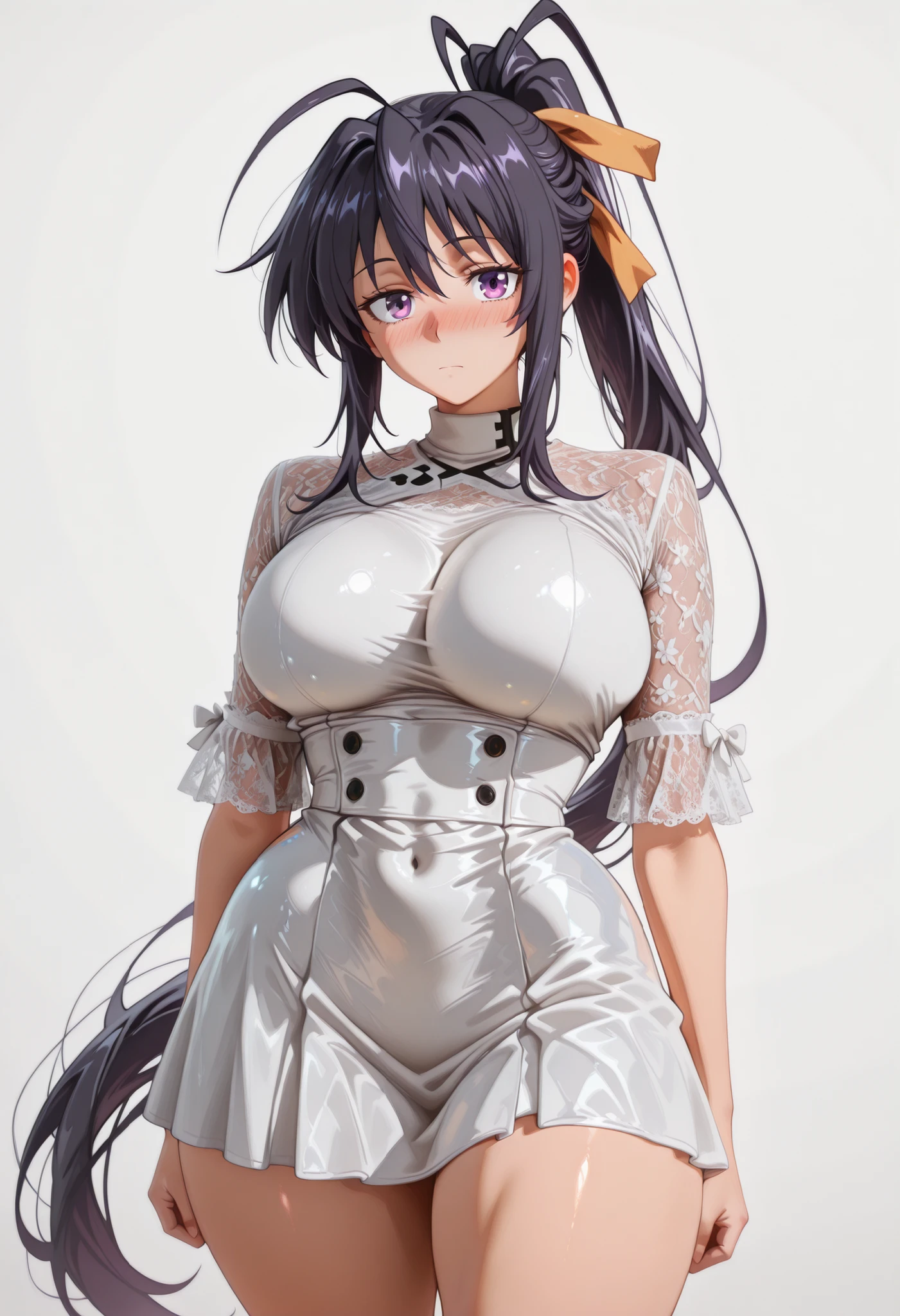 cowboy shot of ((large breast)), ((Thicc)), (()), (wide hips), 1girl, akeno himejima, long hair, black hair, ribbon, very long hair, purple eyes, hair ribbon, ponytail, antenna hair, looking at viewer, shiny skin, shiny hair, shiny body, clear body, nose blush,, POSING,, DYNAMIC POSE,,, NICE LEGS, COWBOY SHOT, ,, TIGHT CLOTHES, covered breasts, , , thick thighs , soft glossy skin , detailed shading , soft light , realistic anime style , ultra-detailed , 8k , masterpiece , highly detailed ,, , VIEW FROM FRONT , , ,, hourglass figure , large bust and wide hips ,, , OPAQUE CLOTHES , covered breasts , ,,white background, empty background, ,,. ,,, DYNAMIC POSE, ,,, short dress, lace sleeves