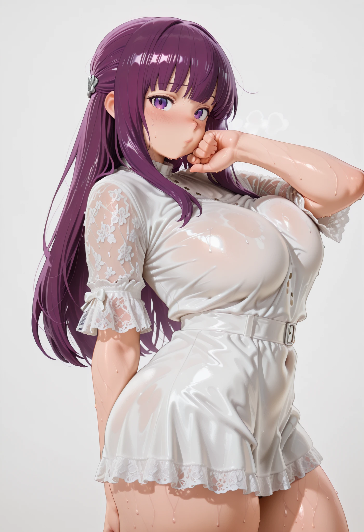 masterpiece, ,amazing thighs、long hair, purple hair、、fern、,,, posing, large breasts,best quality,
,, alone,, nose blush,, POSING , BIG ASS, THICK THIGS; WIDE HIPS, slim waist, POSING
,, DYNAMIC POSE
,,, shiny skin, shiny hair, shiny body, clear body,, looking at viewer, sexy body, medium breasts,,, nose blush,, looking at viewer, nice legs, legs,, solo, female, shiny skin, shiny hair, shiny body, clear body,,, digital illustration, cowboy shot ,,,, ,,, , ,,, large BREASTS, , looking at viewer, NOSE BLUSH,,, shiny skin, shiny hair, shiny body, clear body, , solo,, POSING, thick thighs, thighs, solo,, POSING, DYNAMIC POSE,, opaque clothes, large breasts, looking at viewer, nose blush, shiny legs, shiny body, shiny hair, clear skin, clear body, sweat, sweaty, sweaty:1.3, solo, thick thigh, thick thighs, solo, female, large breasts,, looking at viewer, large breasts, STANDING, POSING, COWBOY SHOT, NICE LEGS, opaque clothes,, large BREASTS,, solo, large breasts, thick thigh, dynamic pose, navel ,midriff, ,,,,, Looking At Viewer, tilting head,,, dynamic, dynamic composition,, white background, empty background, short dress, lace sleeves