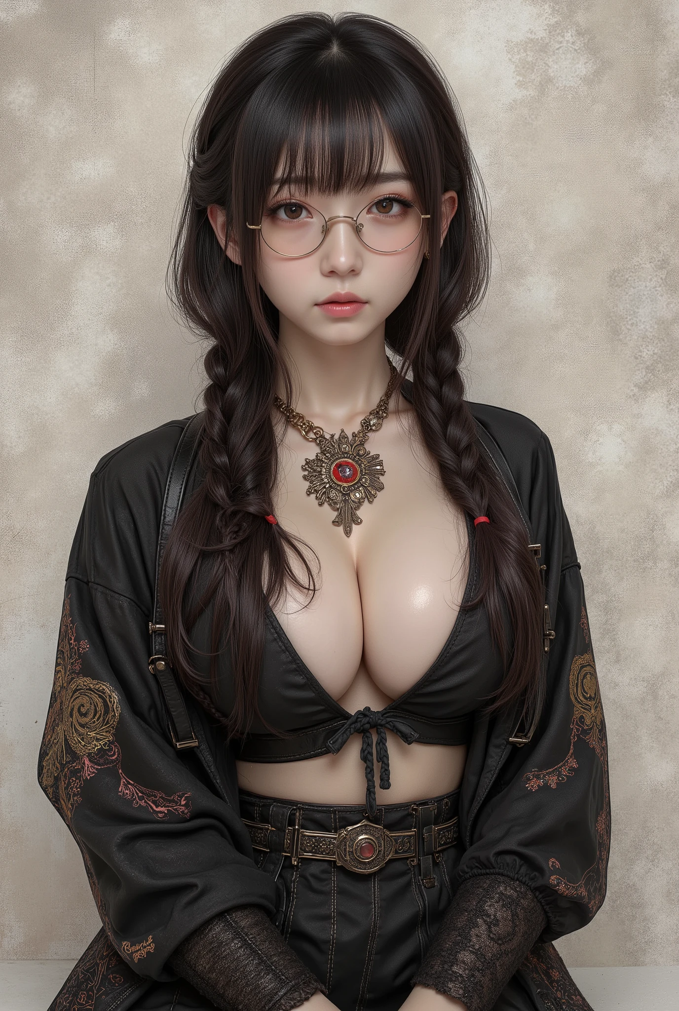 (  Highest Quality, best illustrations,high image quality:1.2), (Horror Fantasy:1.5), (ink and watercolor:1.5),(Ominous Scenery   :1.5),(A lot of dust rises:1.5),(  Dirt Track   :1.5),(wonderful:1.5),(masterpiece:1.5),  (Powerful figures:1.1、Big Breasts:1.3) 、 ((((glasses、best Shot, cute、 Red Eyes、 Evil Ruby's Cursed Necklace )))),(((glasses、Big Breasts、  braids)))、  cute face,  raise eyebrows , ,(Fatal Beauty,  charming beauty ) ,(Mysterious Charm:1.1),(Big Breasts、attractive silhouette),   high image qualityテクスチャ 、High Quality Shadows、   beautiful and delicate face   、 beautiful, delicate, eyes are sticky liquid dripping  、 ray tracing 、 20th Generation、 cute K-POP girl、( The Face of Korea )、Thin face、( Ulzan-6500-v1.1:0.6)、   Face of Pure Loss   _v1 , ( beautiful and delicate face ,  beautiful and delicate eyes,  perfectly balanced face ,  high image quality skin ,  detailed skin,  lens flares {x} perfect ratio 4 fingers to 1 thumb :1.25)、 DSLRs、   地獄から来たbeautiful悪魔女  ,    ATTRACTIVE GIRL  , Real Girls, Gurwitz,  Gurwitz-style Artwork , Girl Roleplay, Realistic 3d style, cgstation Popular Topics,,  8k portrait rendering BYMR. nomi ,（truth,truth:1.4,glassesの少女  :1.2)、cheek、 glossy lips, 1. オーバーサイズ comment:  comment、 come up with an oversized design that covers shoulder to knee.。 navy blue or black are standard colors .、[ Soft khaki or beige , wait.、 Pick the right color for the season 。 2.    choose the color that suits your skin    : To protect yourself from the cold、    choose the color that suits your skin   、 ニットの質感と色を commentに合わせてください .。 3. ワイドレッグ   pants:    pants,  choose a wide leg design 、combines mobility and style。Dark tone denim or black   pants look great.。 4. knee-high boots: オーバーサイズ commentに含まれるもの、boots are black or dark brown Match the texture and color of the fashionable.、  Gives a stylish impression  。 5. accessories:   The  。  Disney  、   long necklace  、6. handbag: handbag、let's match the color of your outfit.