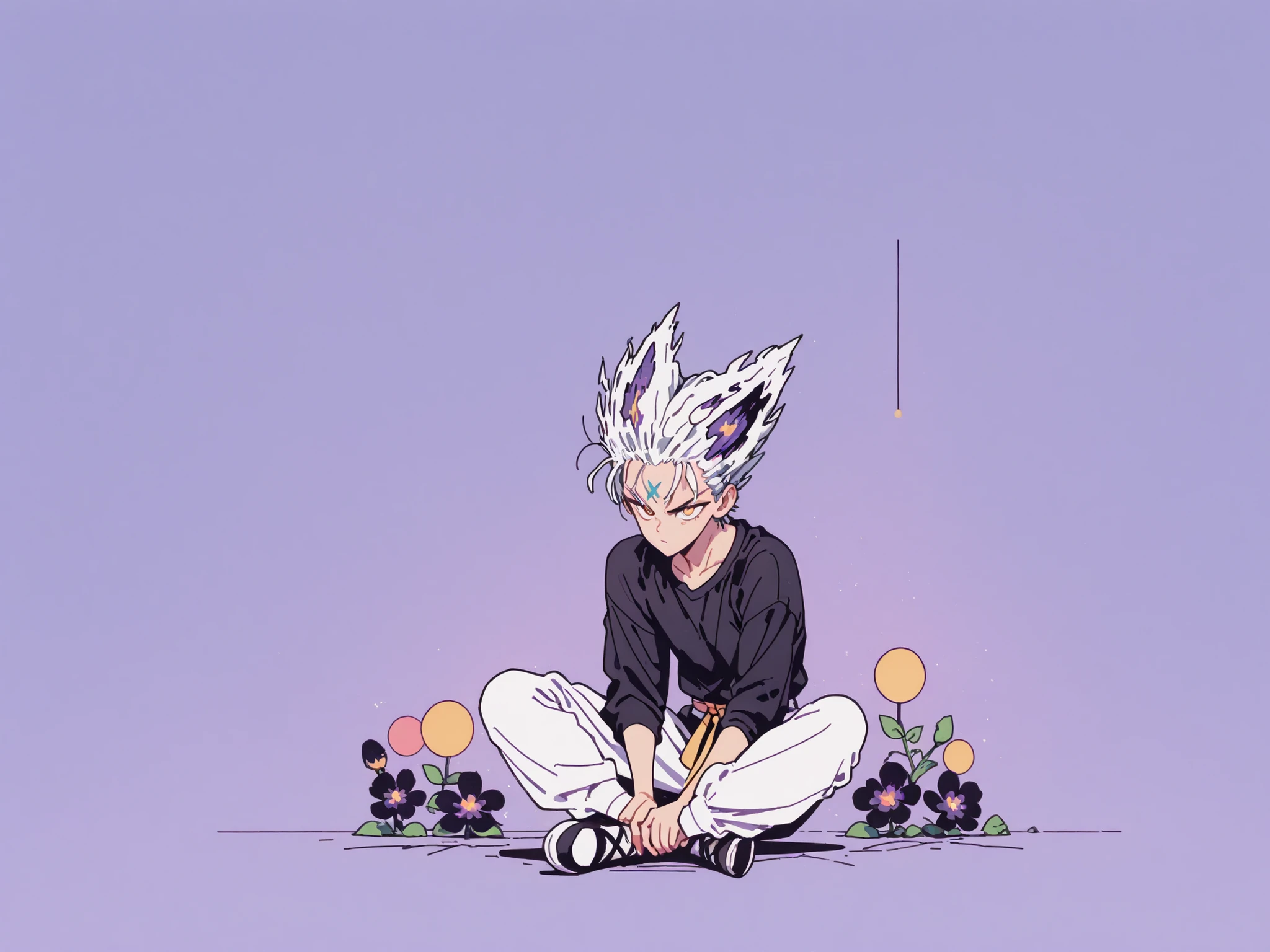 Anime character sitting on the floor on a purple background, 마법 회전 그림 속 handsome man, color dispersion, Magical Rotation Style, handsome , Former Devil King , Detailed Fan Art , 풀 컬러 illustration레이션 , Clean Line Drawing and Color , 죽음의 아름다운 man, Great Character Design, Dark Flower Xiamen, Krenz Cushart and Asher Duran One Punch Man Garo, Immaculate appearance, silver hair, sharp eyesight, close-up. torn tops, Relaxing appearance. dramatic contrast, High quality animation art style, Detailed skin texture, Perfect Composition. yellow eyes., man, UHD, masterpiece, intricate details, high resolution
hyper detail super detail, highres high resolution, high quality, finely detailed beautiful eyes and detailed face, best quality, 4k, masculine, full body, 18 years old, young man, young, A healthy body with body proportions revealed between exemplary, adult, white pants, Black tee,Neat oll white hair, yellow eyes, simple black flat shoes, Background of cracks, Referring to Murata's picture, illustration, fan art,Anime character with soft smiling face, comfortable position, clear face, delicate face, delicate expression, Appropriate hair length, bow down