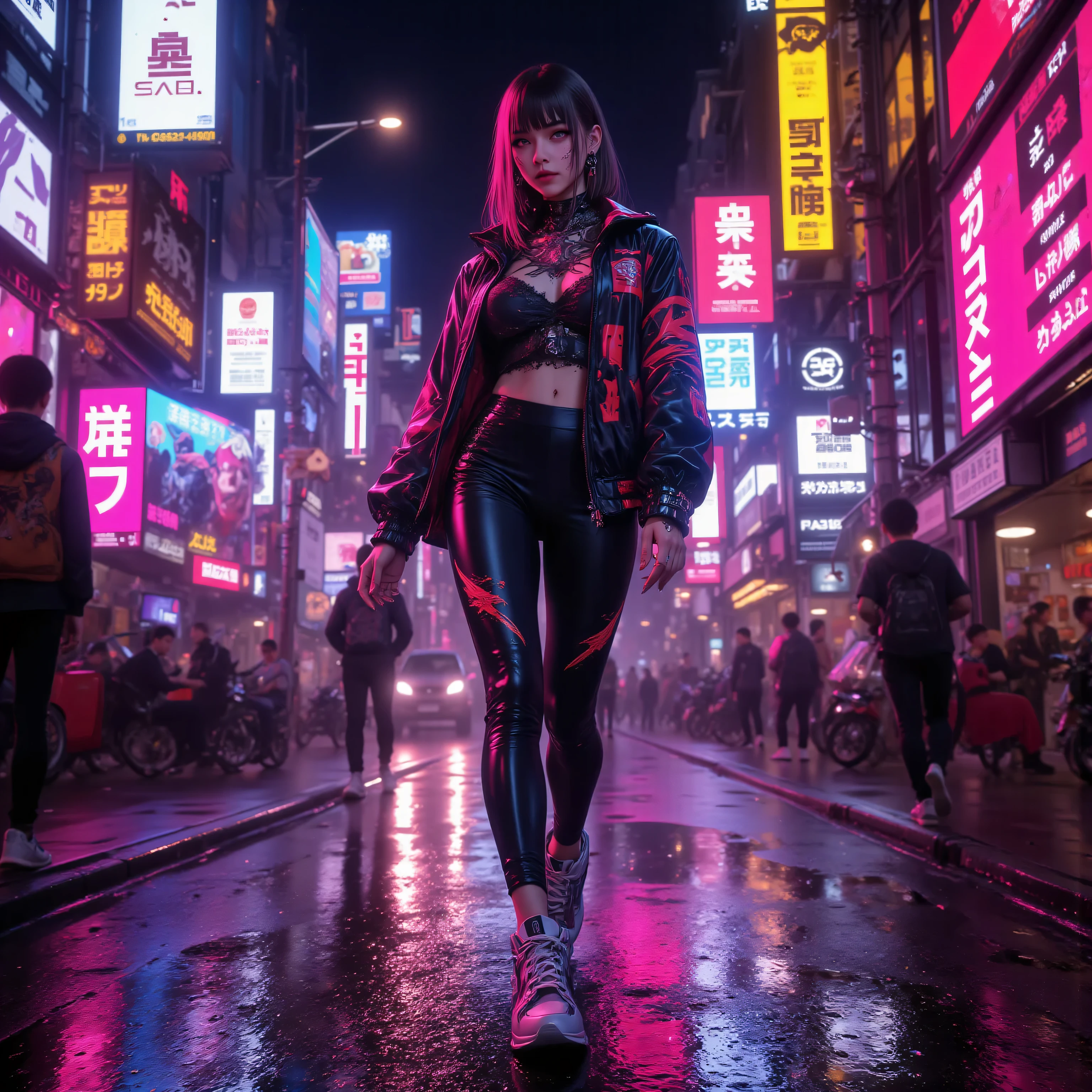 stunning young woman, walking confidently through a futuristic neon city at night, wearing stylish tight leggings with reflective details, sporty jacket, sleek hair, glowing signs and rain reflections, cinematic cyberpunk lighting, photorealistic, ultra-detailed textures, vibrant colors, pretty face with expressive eyes, perfect anatomy, modern sneakers, fashion editorial look, dramatic contrast lighting, HDR effect, shallow depth of field, fashionable and confident pose, fine detail on clothes and accessories, atmosphere of motion and energy
Negative prompt: blur, watermark, distortion, extra limbs, bad anatomy, poor lighting, low resolution, unrealistic colors, artifacts