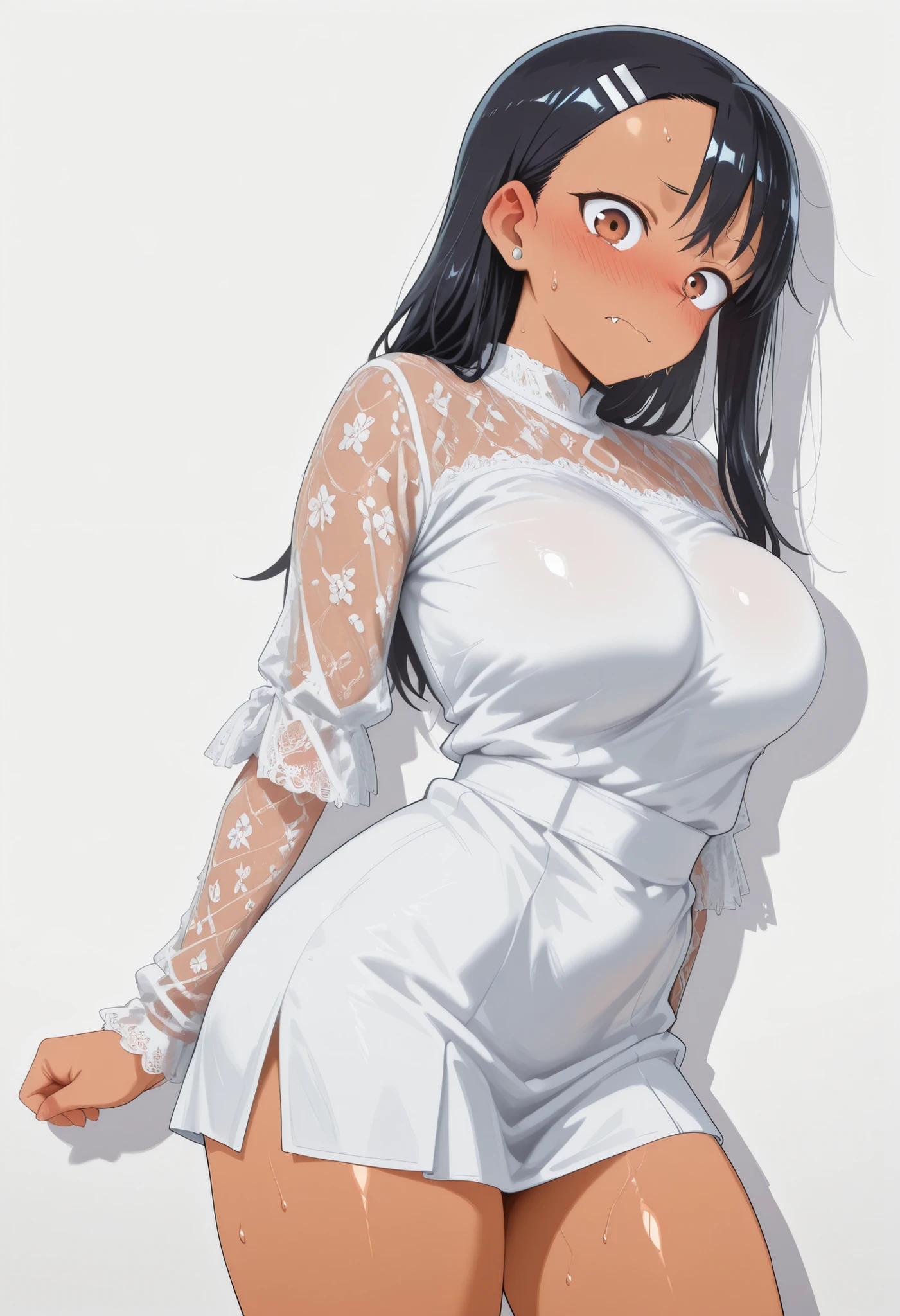 core_9, score_8_up, score_7_up, score_6_up, score_5_up, score_4_up, masterpiece, high quality, BREAK, 1girl, 1girl,, looking at viewer, nose blush, shiny legs, shiny body, shiny hair, clear skin, clear body, solo, thick thigh, thick thighs, solo, female, large breasts, looking at viewer, tan lines, large breasts, 1girl, hayase nagatoro, long hair, bangs, black hair, hair ornament, brown eyes, hairclip, fang, dark skin, dark-skinned female, tan, ,,,, dynamic pose, POSING, LARGE BREASTS, NOSE BLUSH, COVERED BREASTS,, ,, dynamic pose,, opaque clothes, LOOKING AT VIEWER, COWBOY SHOT,,, POSING, large breasts,, sweat, sweaty, sweaty:1.3, nose blush,, looking at viewer, nice legs, legs, standing, solo, female, shiny skin, shiny hair, shiny body, clear body, COWBOY SHOT,. High-resolution anime-style illustration, clean lines, smooth shading, and rich fabric details., opaque clothes, LOOKING AT VİEWER, opaque clothes, POSING,,, POSING, looking at viewer, NOSE BLUSH, LARGE BREASTS ,, alone, earrings, nose blush, solo, STANDING, POSING,, ,, ,, , , , ,, , , , , ,, , , , , ,, , ,
, LARGE BREASTS, PROFESSIONAL LIGHTING, LIGHTED BODY, thick thigs, wide hips, slim waist, POSING, STANDING UPRIGHT, THICK THIGS, OPAQUE CLOTHES, white background empty background, short dress, lace sleeves