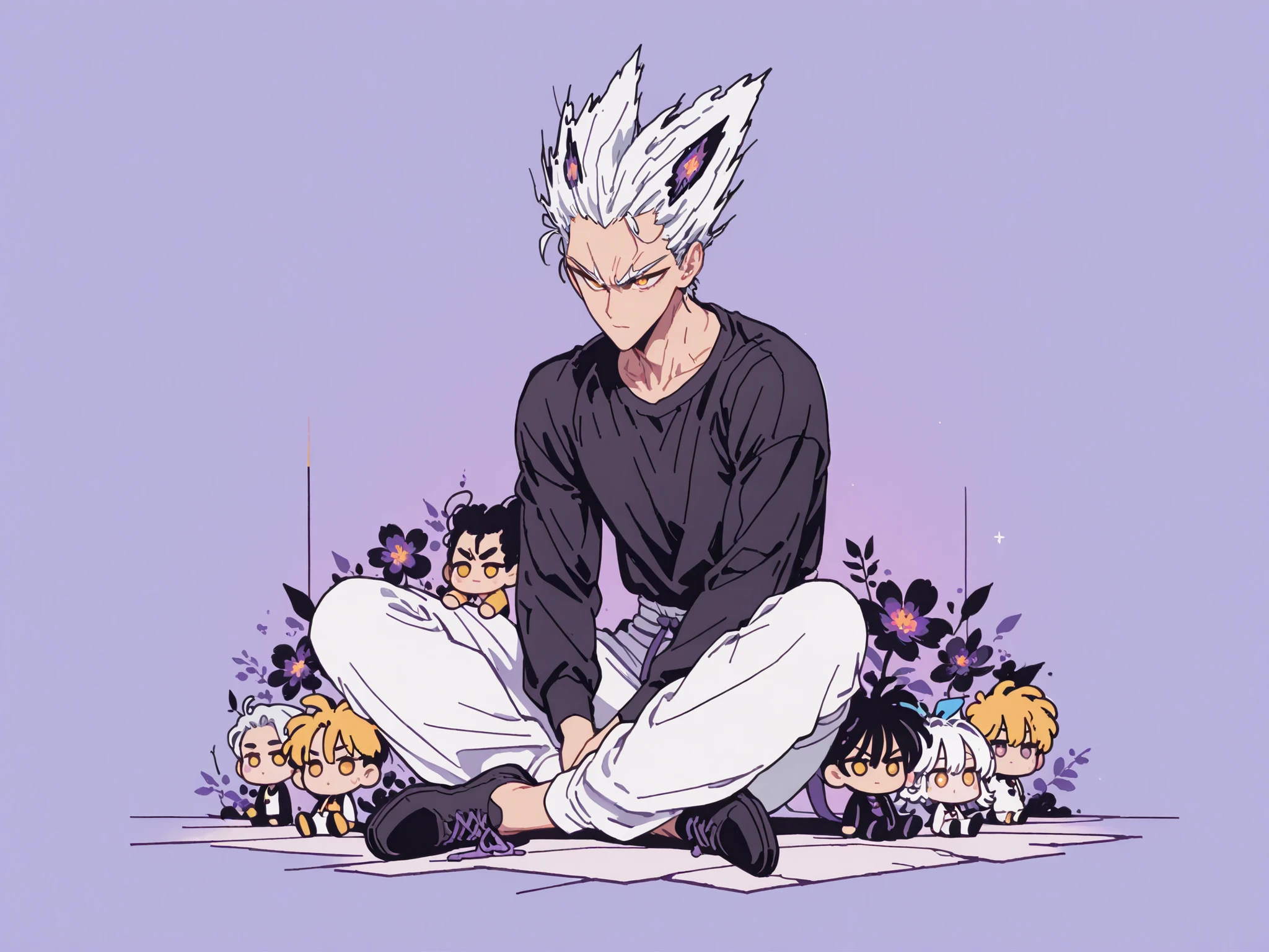 1인 man, sitting on the floor on purple background, 마법 회전 그림 속 handsome man, color dispersion, Magical Rotation Style, handsome , Former Devil King , Detailed Fan Art , 풀 컬러 illustration레이션 , Clean Line Drawing and Color , 죽음의 아름다운 man, Great Character Design, Dark Flower Xiamen, Krenz Cushart and Asher Duran One Punch Man Garo, Immaculate appearance, silver hair, sharp eyesight, close-up. torn tops, Relaxing appearance. dramatic contrast, High quality animation art style, Detailed skin texture, Perfect Composition. yellow eyes., man, UHD, masterpiece, intricate details, high resolution
hyper detail super detail, highres high resolution, high quality, finely detailed beautiful eyes and detailed face, best quality, 4k, masculine, full body, 18 years old, young man, young, A healthy body with body proportions revealed between exemplary, adult, white pants, Black tee,Neat oll white hair, yellow eyes, simple black flat shoes, Background of cracks, Referring to Murata's picture, illustration, fan art,Anime character with soft smiling face, comfortable position, clear face, delicate face, delicate expression, Appropriate hair length, bow down