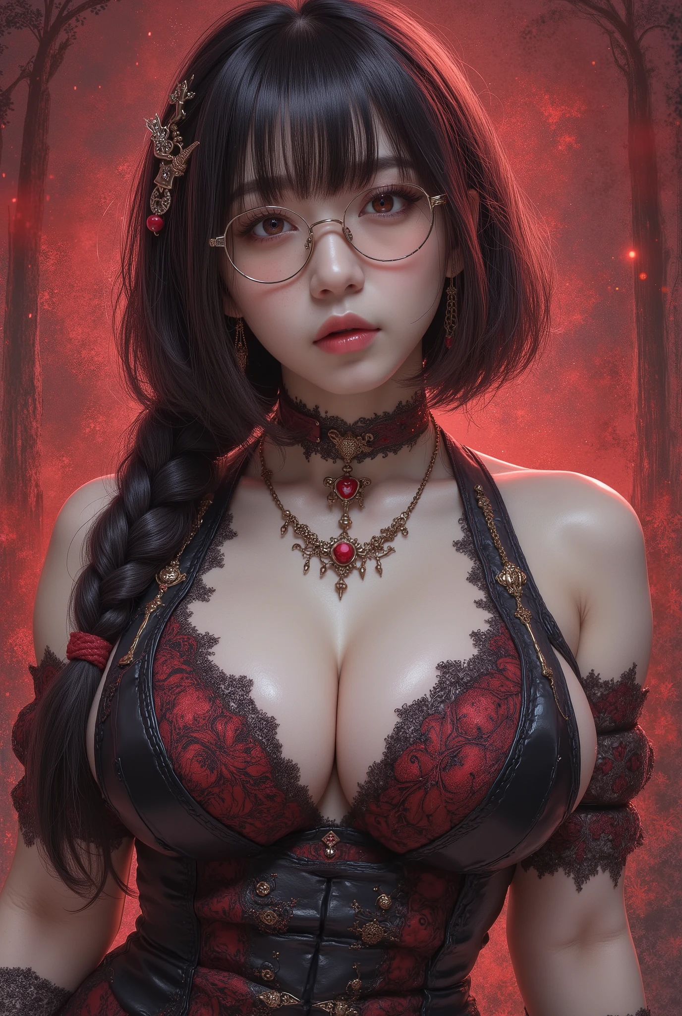 Fine、(The best illustrations)、8k UHD resolution、intricate-detail、top-quality、realisitic、ultra-detailliert、The best lighting、Best Shadows、Soft lighting、Ulutra HD、Ultra-realistic、Tindall Effect、Photorealsitic、(High Detail Skins:1.2)、 (Intricate details, makeup, pureerosface_v1:0.5), (Detailed beautiful delicate face, Detailed beautiful delicate eyes, A perfectly proportioned face, High detailed skin, Detailed skin, best ratio four finger and one thumb, arms below , Tattoo with a red glow under the stomach、Awesome awesome, wide , smooth midriff, skiny and thin, __Fashion__, __hair__:1.25)、Digital SLR、 absurderes、1 beautiful devil woman from hell, surreal female portraits by David Hockney and Alphonse Mucha, Portrait of a  woman、Fantasy Art, Chinese Doll、Chinese actress、Dungeon、The dragon、Devil's Palace、Devil's  Chamber、natta、Dark style 、In the Dark、(Detailed spooky backgrounds:0.8), magia、 女の子1人、Evil Nun、Dark Necromancer、Succubus、Devil's Daughter、Umi Shinonome、Bat Wings，(((Demon Horns)))、 ((((Huge glasses, Otaku Glasses, thick glasses, Round glasses)))),(((Colossal tits)))、(Devil's Tail)、(red eyes glowing:1.6)、red eyes make up very sharp and detailed, The eyes are very well made up, ((Red Eye:1.0)),intricate tattoos, demonic intricate tattoos, thigh tattoos, body tattoos, ​masterpiece、The most beautiful face、a baby face、Charming smile、plump beautiful red lips、Muscular  body、The enchanting body of the devil、devil style、Seductive Black Magic Costume、The long-haired、Braids、Black hair、Ponytail distortion、, Ponytail with a bow tied at the back of the hair, Beautiful expression、Body Up、Large  emphasis、Bust,  Super tight ,  augmentation surgery, The  are very big and round and round,Toned waist、Wide 、 lowkey, cowboy lens, (Black Phoenix Dress: 1.0),  devil crown,  Red sparkling gemstone necklace、Jewelry Gwise,  wearing black mesh socks,Wear light red、nffsw, nffsw, Meet beautiful girls, Look at the girl's body,