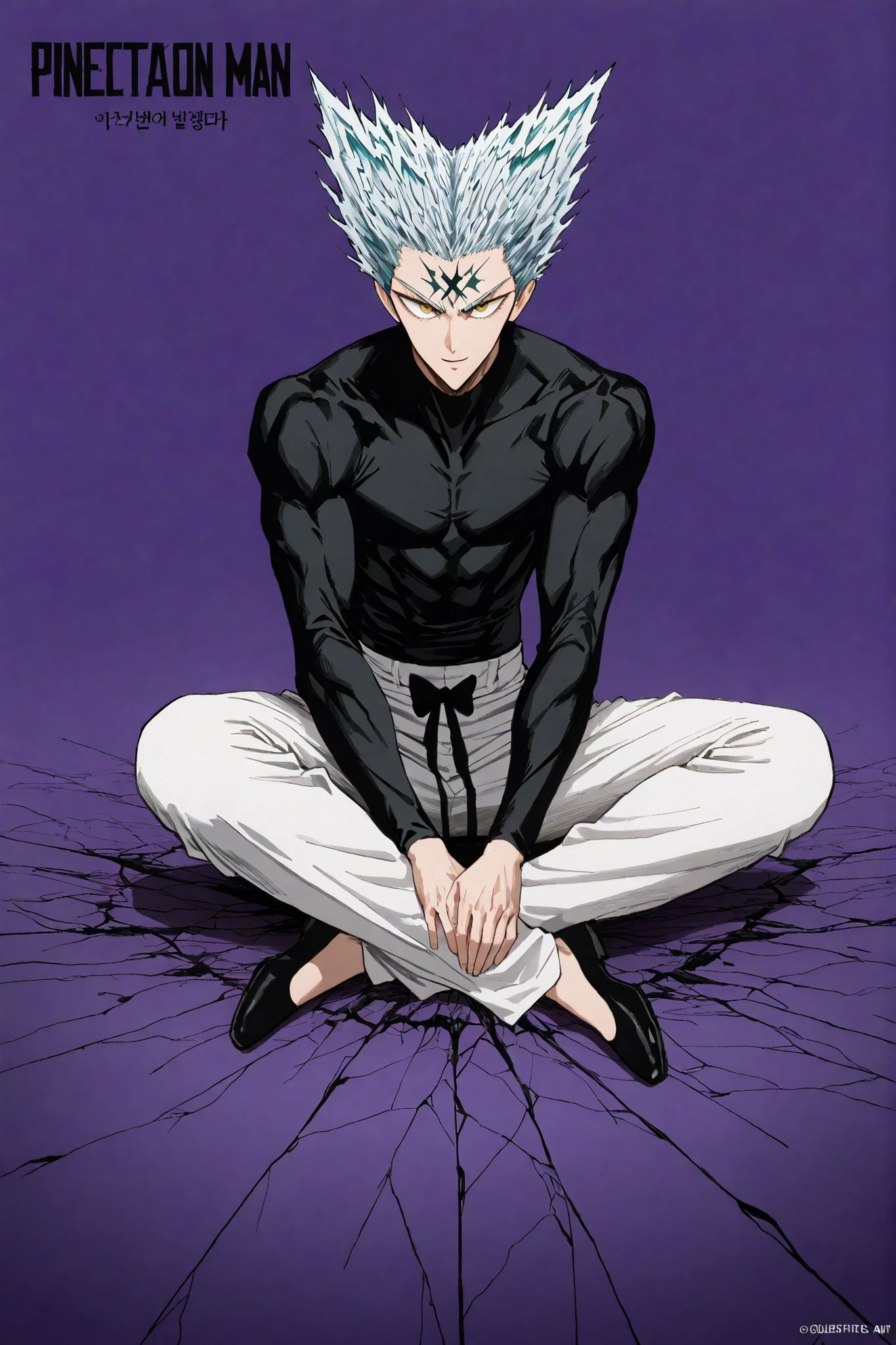 1인 man, sitting on the floor on purple background, 마법 회전 그림 속 handsome man, color dispersion, Magical Rotation Style, handsome , Former Devil King , Detailed Fan Art , 풀 컬러 illustration레이션 , Clean Line Drawing and Color , 죽음의 아름다운 man, Great Character Design, Dark Flower Xiamen, Krenz Cushart and Asher Duran One Punch Man Garo, Immaculate appearance, silver hair, sharp eyesight, close-up. torn tops, Relaxing appearance. dramatic contrast, High quality animation art style, Detailed skin texture, Perfect Composition. yellow eyes., man, UHD, masterpiece, intricate details, high resolution
hyper detail super detail, highres high resolution, high quality, finely detailed beautiful eyes and detailed face, best quality, 4k, masculine, full body, 18 years old, young man, young, A healthy body with body proportions revealed between exemplary, adult, white pants, Black tee,Neat oll white hair, yellow eyes, simple black flat shoes, Background of cracks, Referring to Murata's picture, illustration, fan art,Anime character with soft smiling face, comfortable position, clear face, delicate face, delicate expression, Appropriate hair length, bow down