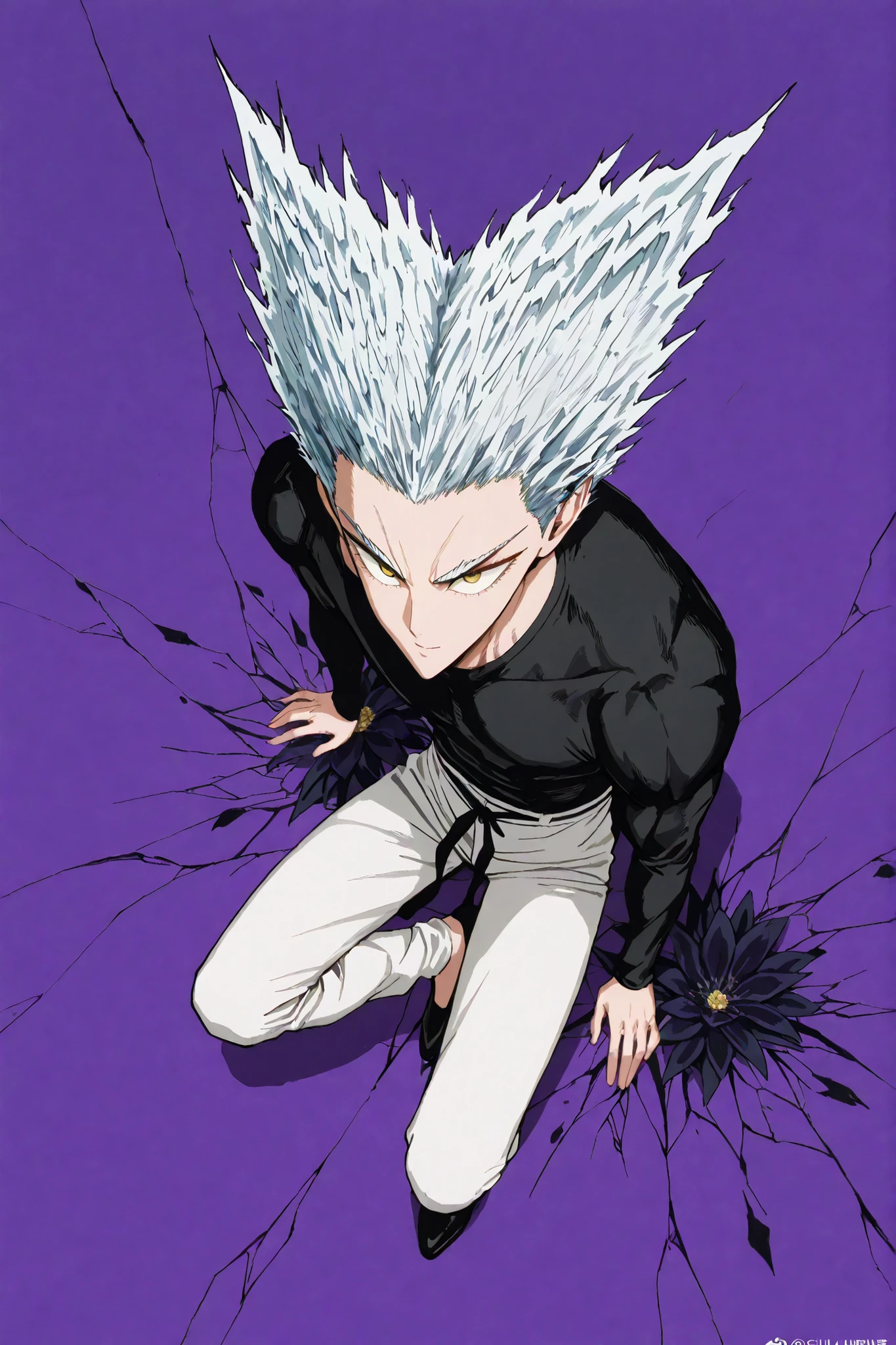 1인 man, Anime character sitting on the floor on a purple background, 마법 회전 그림 속 handsome man, color dispersion, Magical Rotation Style, handsome , Former Devil King , Detailed Fan Art , 풀 컬러 illustration레이션 , Clean Line Drawing and Color , 죽음의 아름다운 man, Great Character Design, Dark Flower Xiamen, Krenz Cushart and Asher Duran One Punch Man Garo, Immaculate appearance, silver hair, sharp eyesight, close-up. torn tops, Relaxing appearance. dramatic contrast, High quality animation art style, Detailed skin texture, Perfect Composition. yellow eyes., man, UHD, masterpiece, intricate details, high resolution
hyper detail super detail, highres high resolution, high quality, finely detailed beautiful eyes and detailed face, best quality, 4k, masculine, full body, 18 years old, young man, young, A healthy body with body proportions revealed between exemplary, adult, white pants, Black tee,Neat oll white hair, yellow eyes, simple black flat shoes, Background of cracks, Referring to Murata's picture, illustration, fan art,Anime character with soft smiling face, comfortable position, clear face, delicate face, delicate expression, Appropriate hair length, bow down