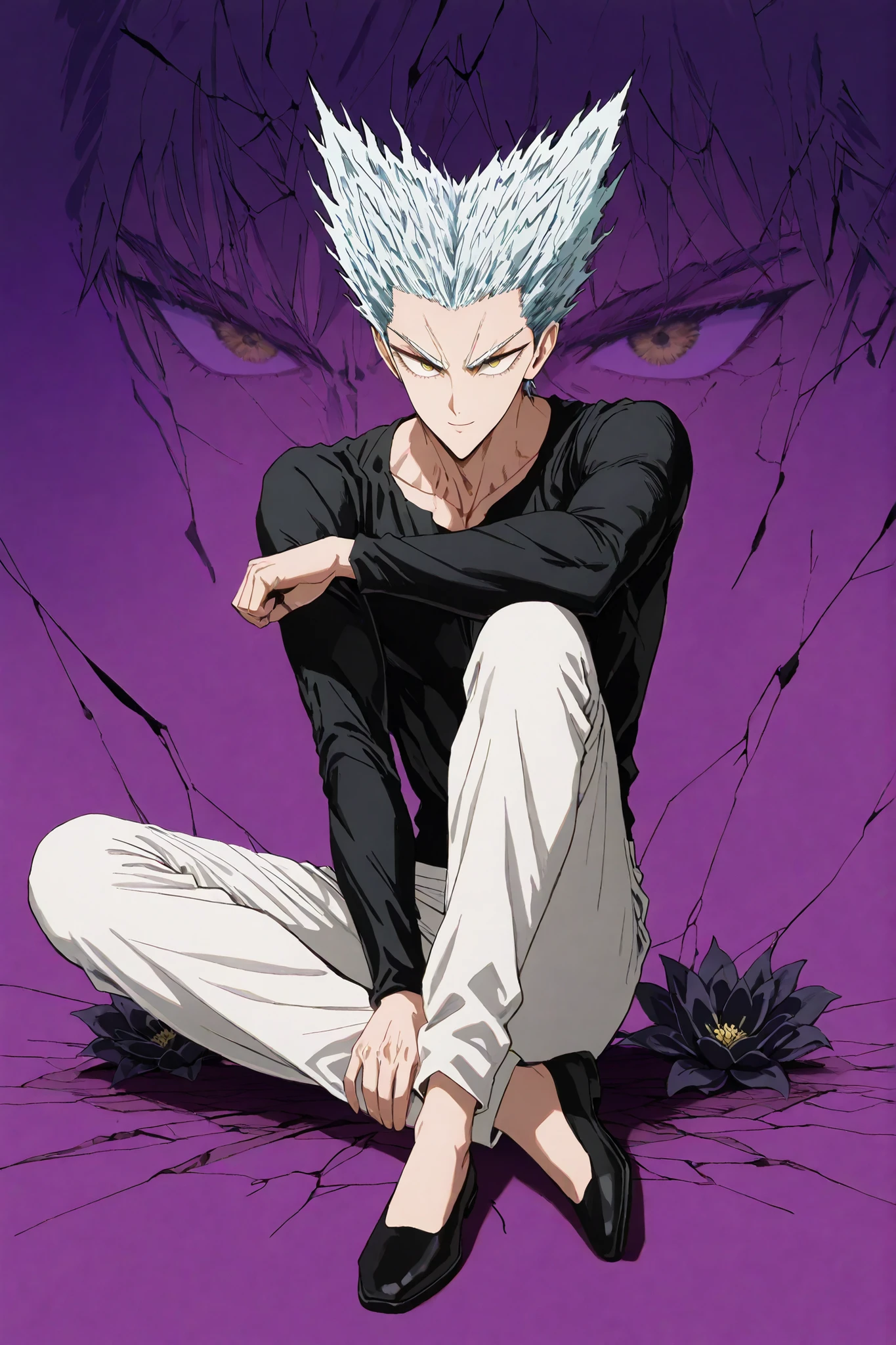 1인 man, sitting on the floor on purple background, 마법 회전 그림 속 handsome man, color dispersion, Magical Rotation Style, handsome , Former Devil King , Detailed Fan Art , 풀 컬러 illustration레이션 , Clean Line Drawing and Color , 죽음의 아름다운 man, Great Character Design, Dark Flower Xiamen, Krenz Cushart and Asher Duran One Punch Man Garo, Immaculate appearance, silver hair, sharp eyesight, close-up. torn tops, Relaxing appearance. dramatic contrast, High quality animation art style, Detailed skin texture, Perfect Composition. yellow eyes., man, UHD, masterpiece, intricate details, high resolution
hyper detail super detail, highres high resolution, high quality, finely detailed beautiful eyes and detailed face, best quality, 4k, masculine, full body, 18 years old, young man, young, A healthy body with body proportions revealed between exemplary, adult, white pants, Black tee,Neat oll white hair, yellow eyes, simple black flat shoes, Background of cracks, Referring to Murata's picture, illustration, fan art,Anime character with soft smiling face, comfortable position, clear face, delicate face, delicate expression, Appropriate hair length, bow down