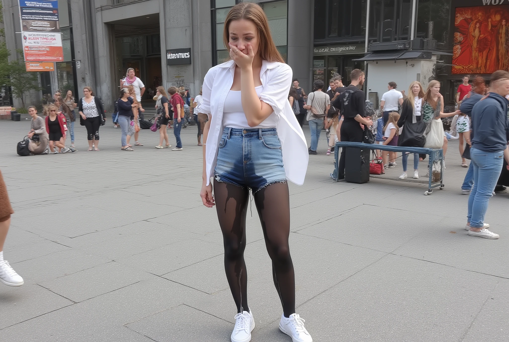Picture of a drunk and wasted young woman, with brunette straight hair, looking embarassed at the camera, wearing black tights and a white leotard under jeans shorts, a white blouse, short white socks, and white sneakers. She is peeing herself completely. The pee is flowing down her legs. The shorts and tights shows lots and huge stains of pee . She's standing in the middle of a busy square downtown and people are watching her.