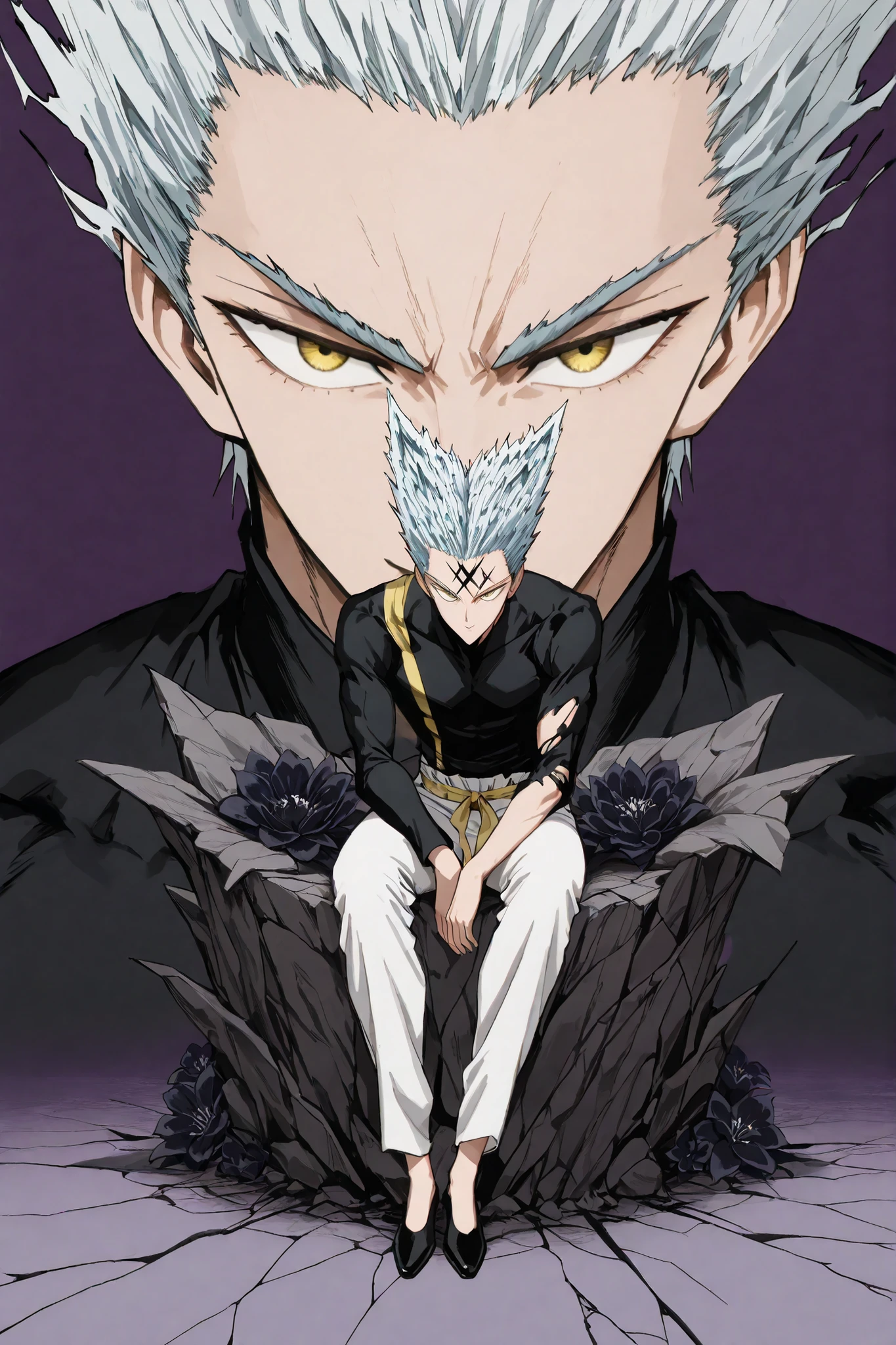 1인 man, Anime character sitting on the floor on a purple background, 마법 회전 그림 속 handsome man, color dispersion, Magical Rotation Style, handsome , Former Devil King , Detailed Fan Art , 풀 컬러 illustration레이션 , Clean Line Drawing and Color , 죽음의 아름다운 man, Great Character Design, Dark Flower Xiamen, Krenz Cushart and Asher Duran One Punch Man Garo, Immaculate appearance, silver hair, sharp eyesight, close-up. torn tops, Relaxing appearance. dramatic contrast, High quality animation art style, Detailed skin texture, Perfect Composition. yellow eyes., man, UHD, masterpiece, intricate details, high resolution
hyper detail super detail, highres high resolution, high quality, finely detailed beautiful eyes and detailed face, best quality, 4k, masculine, full body, 18 years old, young man, young, A healthy body with body proportions revealed between exemplary, adult, white pants, Black tee,Neat oll white hair, yellow eyes, simple black flat shoes, Background of cracks, Referring to Murata's picture, illustration, fan art,Anime character with soft smiling face, comfortable position, clear face, delicate face, delicate expression, Appropriate hair length, bow down, yellow waistband