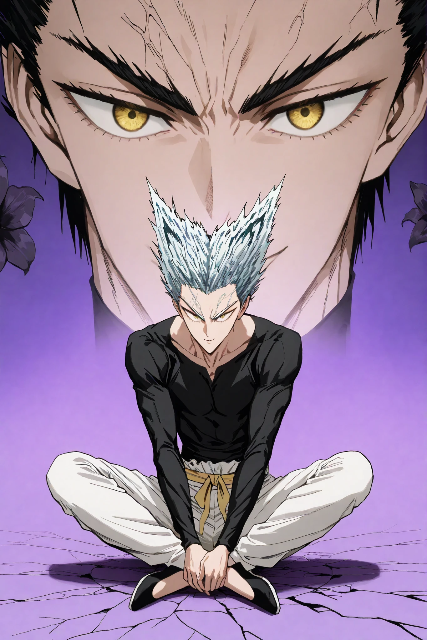 1인 man, Anime character sitting on the floor on a purple background, 마법 회전 그림 속 handsome man, color dispersion, Magical Rotation Style, handsome , Former Devil King , Detailed Fan Art , 풀 컬러 illustration레이션 , Clean Line Drawing and Color , 죽음의 아름다운 man, Great Character Design, Dark Flower Xiamen, Krenz Cushart and Asher Duran One Punch Man Garo, Immaculate appearance, silver hair, sharp eyesight, close-up. torn tops, Relaxing appearance. dramatic contrast, High quality animation art style, Detailed skin texture, Perfect Composition. yellow eyes., man, UHD, masterpiece, intricate details, high resolution
hyper detail super detail, highres high resolution, high quality, finely detailed beautiful eyes and detailed face, best quality, 4k, masculine, full body, 18 years old, young man, young, A healthy body with body proportions revealed between exemplary, adult, white pants, Black tee,Neat oll white hair, yellow eyes, simple black flat shoes, Background of cracks, Referring to Murata's picture, illustration, fan art,Anime character with soft smiling face, comfortable position, clear face, delicate face, delicate expression, Appropriate hair length, bow down, yellow waistband