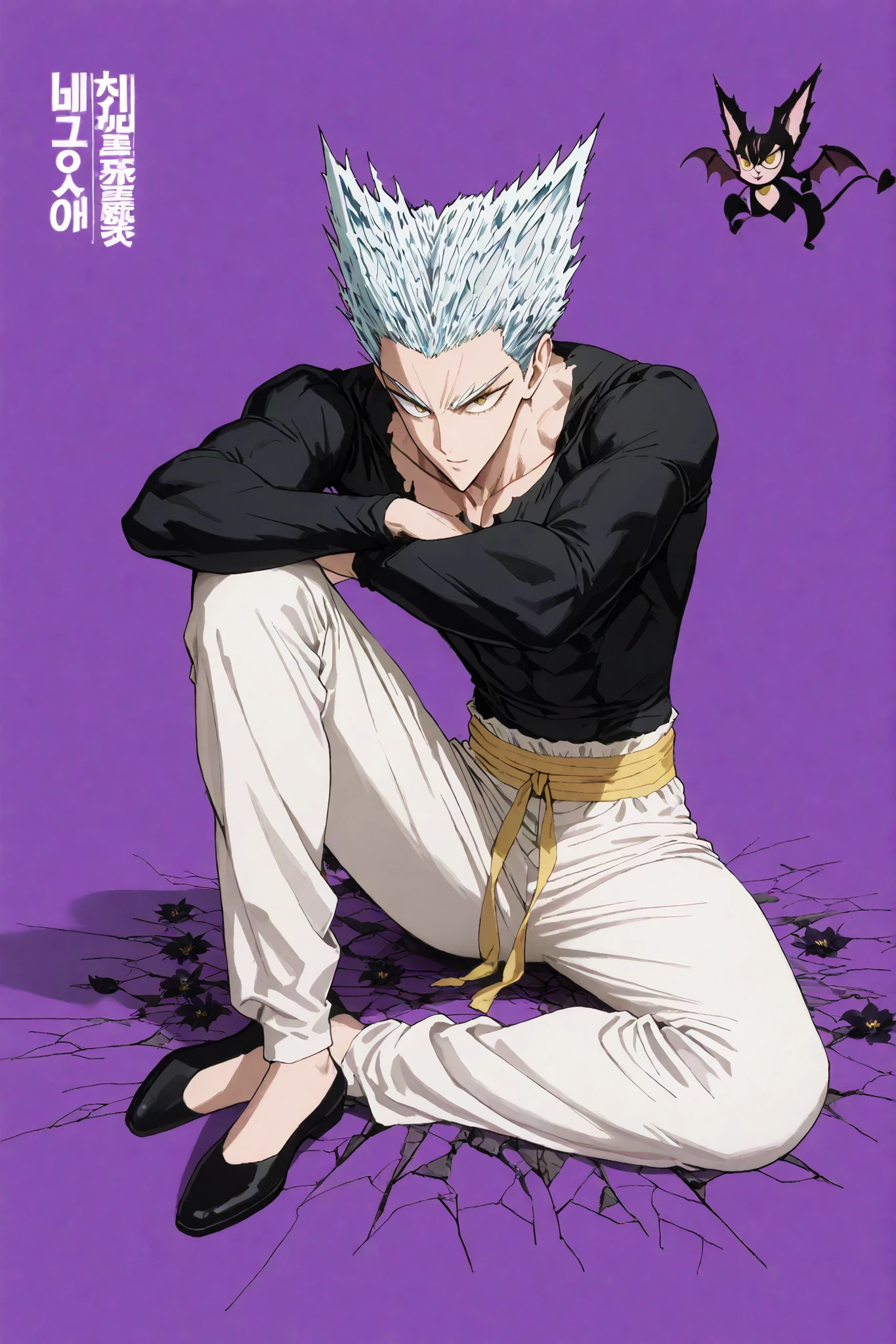 1인 man, Anime character sitting on the floor on a purple background, 마법 회전 그림 속 handsome man, color dispersion, Magical Rotation Style, handsome , Former Devil King , Detailed Fan Art , 풀 컬러 illustration레이션 , Clean Line Drawing and Color , 죽음의 아름다운 man, Great Character Design, Dark Flower Xiamen, Krenz Cushart and Asher Duran One Punch Man Garo, Immaculate appearance, silver hair, sharp eyesight, close-up. torn tops, Relaxing appearance. dramatic contrast, High quality animation art style, Detailed skin texture, Perfect Composition. yellow eyes., man, UHD, masterpiece, intricate details, high resolution
hyper detail super detail, highres high resolution, high quality, finely detailed beautiful eyes and detailed face, best quality, 4k, masculine, full body, 18 years old, young man, young, A healthy body with body proportions revealed between exemplary, adult, white pants, Black tee,Neat oll white hair, yellow eyes, simple black flat shoes, Background of cracks, Referring to Murata's picture, illustration, fan art,Anime character with soft smiling face, comfortable position, clear face, delicate face, delicate expression, Short hair length , yellow waistband, close-up