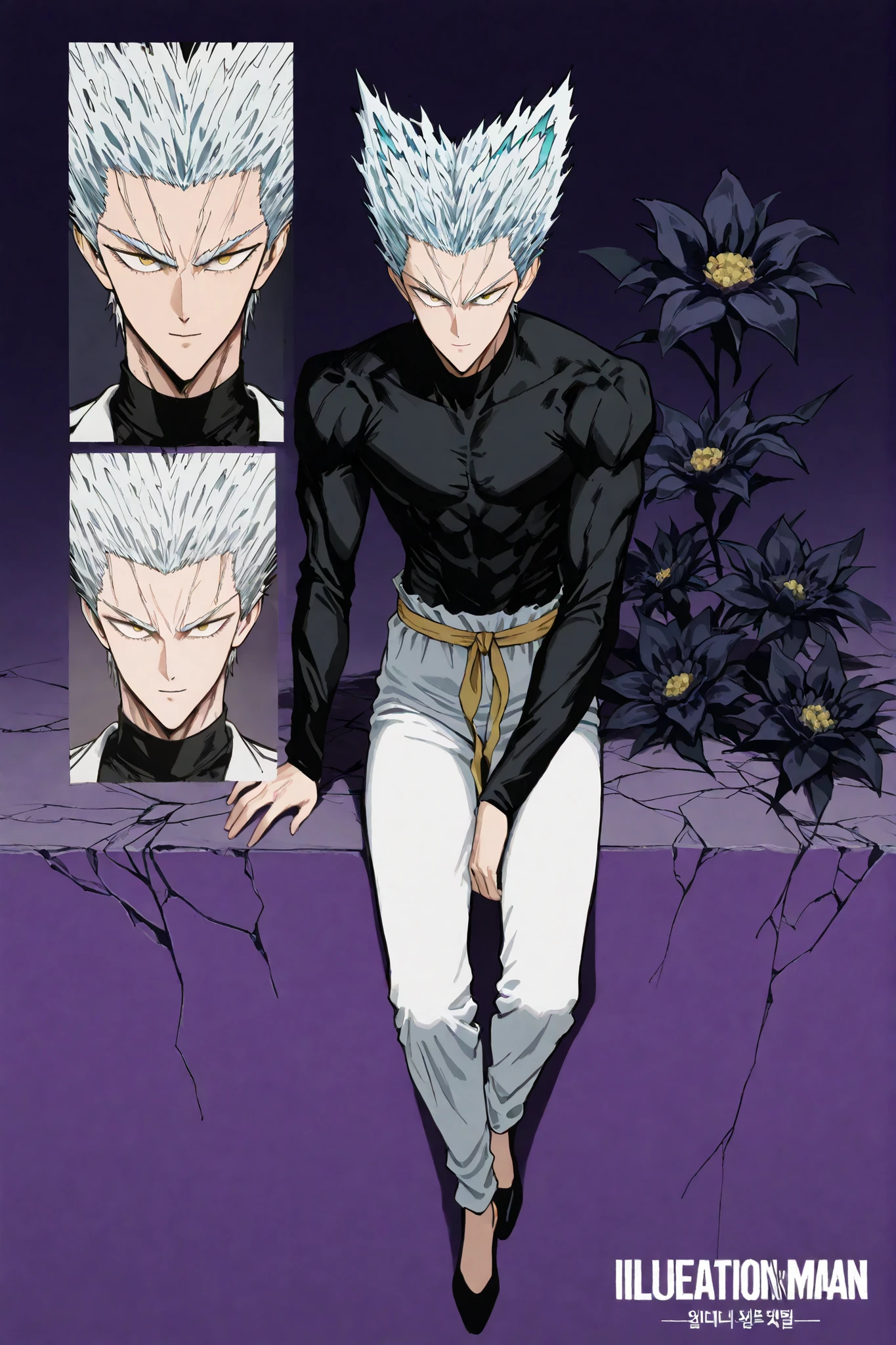 1인 man, sitting on the floor on purple background, 마법 회전 그림 속 handsome man, color dispersion, Magical Rotation Style, handsome , Former Devil King , Detailed Fan Art , 풀 컬러 illustration레이션 , Clean Line Drawing and Color , 죽음의 아름다운 man, Great Character Design, Dark Flower Xiamen, Krenz Cushart and Asher Duran One Punch Man Garo, Immaculate appearance, silver hair, sharp eyesight, close-up. torn tops, Relaxing appearance. dramatic contrast, High quality animation art style, Detailed skin texture, Perfect Composition. yellow eyes., man, UHD, masterpiece, intricate details, high resolution
hyper detail super detail, highres high resolution, high quality, finely detailed beautiful eyes and detailed face, best quality, 4k, masculine, full body, 18 years old, young man, young, A healthy body with body proportions revealed between exemplary, adult, white pants, Black tee,Neat oll white hair, yellow eyes, simple black flat shoes, Background of cracks, Referring to Murata's picture, illustration, fan art,Anime character with soft smiling face, comfortable position, clear face, delicate face, delicate expression, Short hair length , yellow waistband, 얼굴 close-up