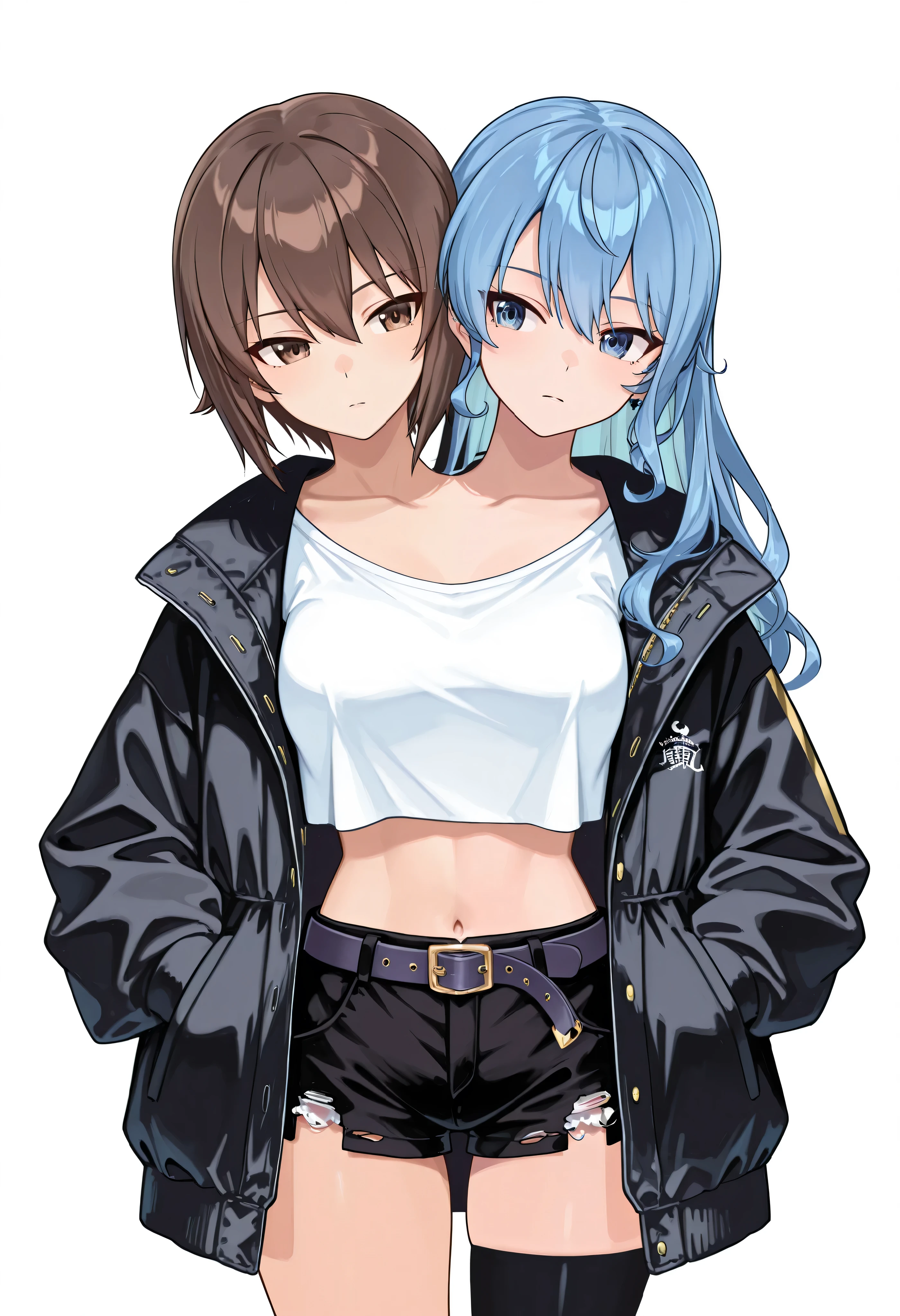 conjoined, 2girls, 2heads, two heads, a tall thin girls with 2 heads, blue hair, brown hair, short hair, long hair, blue eyes, brown eyes, ringed eyes, white crop top, black oversized jacket, black shorts, black shorts with a belt and ripped hem, black stockings, front shots, thighs, nishizumi maho, hoshimachi suisei