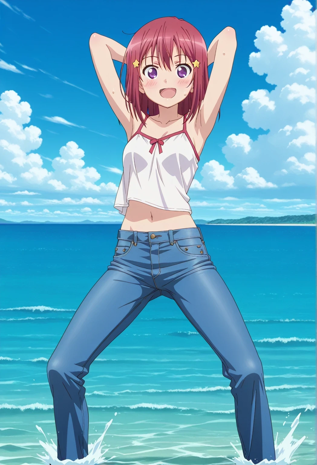 score_9, score_8_up, score_7_up, source_anime, highres, hi res, ((best quality, top quality, perfect quality, Highest Quality, amazing quality)), {{masterpiece}}, {{an extremely delicate and beautiful}}, 2d, intricate details, official style, anime, 8k, anime style, official_anime, official art, digital painting, cell shading, soft shading, high resolution, soothing tones, Subdued Color, Soft cinematic light, adobe lightroom, photolab, HDR, intricately and hyper-detailed, ((high quality animation)), 1 girl, Alone, solo, ((ocean)), tsunami, on the water, day, sunny, outdoors, sky, windy, Kanzaki Tomoyo, Inou Battle wa Nichijou-kei no Naka de, purple eyes, red hair, medium hair, anime coloring, anime screencap, small , white camisole top, crop top, white crop top, best quality, hyper-detailed jeans, ((blue jeans:1.9)), (dark blue jeans:0.6), full medium body, medium shot, Open mouth, smiling, happy face, blush, sweat, standing, ((arms behind head:6.0)), ((perfect arm line:2.5)), bowlegged, jumping pose, action, looking at viewer, , Bend knees slightly, straight-on front view