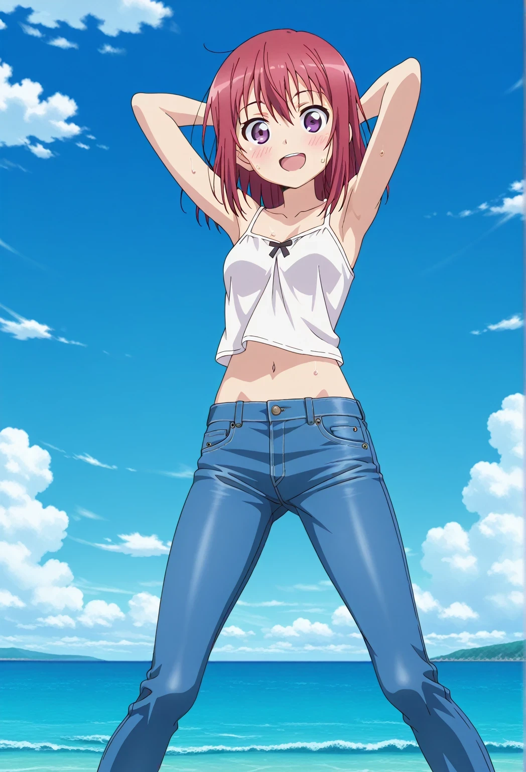score_9, score_8_up, score_7_up, source_anime, highres, hi res, ((best quality, top quality, perfect quality, Highest Quality, amazing quality)), {{masterpiece}}, {{an extremely delicate and beautiful}}, 2d, intricate details, official style, anime, 8k, anime style, official_anime, official art, digital painting, cell shading, soft shading, high resolution, soothing tones, Subdued Color, Soft cinematic light, adobe lightroom, photolab, HDR, intricately and hyper-detailed, ((high quality animation)), 1 girl, Alone, solo, ((ocean)), tsunami, on the water, day, sunny, outdoors, sky, windy, Kanzaki Tomoyo, Inou Battle wa Nichijou-kei no Naka de, purple eyes, red hair, medium hair, anime coloring, anime screencap, small , white camisole top, crop top, white crop top, best quality, hyper-detailed jeans, ((blue jeans:1.9)), (dark blue jeans:0.6), full medium body, medium shot, Open mouth, smiling, happy face, blush, sweat, standing, ((arms behind head:6.0)), ((perfect arm line:2.5)), bowlegged, jumping pose, action, looking at viewer, , Bend knees slightly, straight-on front view