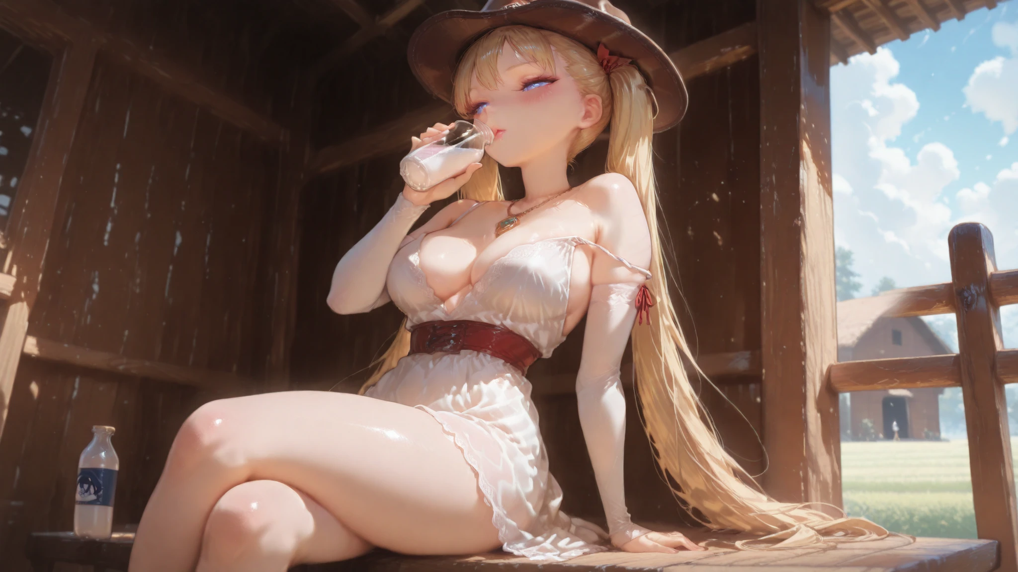 Airi Akizuki \(oni chichi\) a young cute cowgirl sitting on a wooden fence, relaxed pose, drinking milk from a glass bottle with a straw, wide-brimmed cowboy hat slightly tilted back, white dress sitting among a floral arrangement, the image also shows soft lighting and elegant decor. on the middle of the image, a 1girl, with long blonde hair, is sitting with her legs crossed and her hands resting on her thighs. outside a rustic western saloon. she is wearing a white, long-sleeved dress with a plunging neckline that reveals her large breasts. her hair is styled in loose waves and falls down her back. and she has a serene expression on her face. the woman is facing away from the viewer, and her body is positioned in a way that showcases her curves. a lazy sunny afternoon on a ranch, cows grazing in the distance, barn in background, sunlight filters through light clouds, warm wind blowing gently, nostalgic countryside feeling, peaceful and wholesome atmosphere , with a focus on the natural beauty of the scene. 1girl, solo, unrivaled beauty, whole body, petite build, bangs, looking to the side, thighs, skin tight, skindentation, strap slip, red ribbon, long twintails, vivid eyes, shine eyes, juicy lips, parted lips, blue eyes, see-through clothes, very long hair, , necklace, neckerchief, sexually suggestive, long eyelashes, blush, injury, slim hips, slim figure, slim waist, big eyes, good-looking, steaming body, young seductress, lips, young little woman, dramatic angle, dynamic pose, beautiful eyes, beautiful face, beautiful hair,Masterpiece , best quality , (ultra-detailed) , amazing quality , very aesthetic , illustration , perfect composition , intricate details , absurd ,((4k,8k,Ultra HD)),((Masterpiece :1.2)),((Best quality :1.2)),((Detailed :1.5)),((Detailed background :1.5)), 00s.