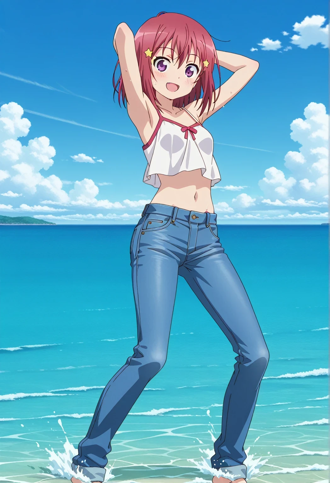 score_9, score_8_up, score_7_up, source_anime, highres, hi res, ((best quality, top quality, perfect quality, Highest Quality, amazing quality)), {{masterpiece}}, {{an extremely delicate and beautiful}}, 2d, intricate details, official style, anime, 8k, anime style, official_anime, official art, digital painting, cell shading, soft shading, high resolution, soothing tones, Subdued Color, Soft cinematic light, adobe lightroom, photolab, HDR, intricately and hyper-detailed, ((high quality animation)), 1 girl, Alone, solo, ((ocean)), tsunami, on the water, day, sunny, outdoors, sky, windy, Kanzaki Tomoyo, Inou Battle wa Nichijou-kei no Naka de, purple eyes, red hair, medium hair, anime coloring, anime screencap, small , white camisole top, crop top, white crop top, best quality, hyper-detailed jeans, ((blue jeans:1.9)), (dark blue jeans:0.6), full medium body, medium shot, Open mouth, smiling, happy face, blush, sweat, standing, ((arms behind head:6.0)), ((perfect arm line:2.5)), bowlegged, jumping pose, action, looking at viewer, , Bend knees slightly, straight-on front view