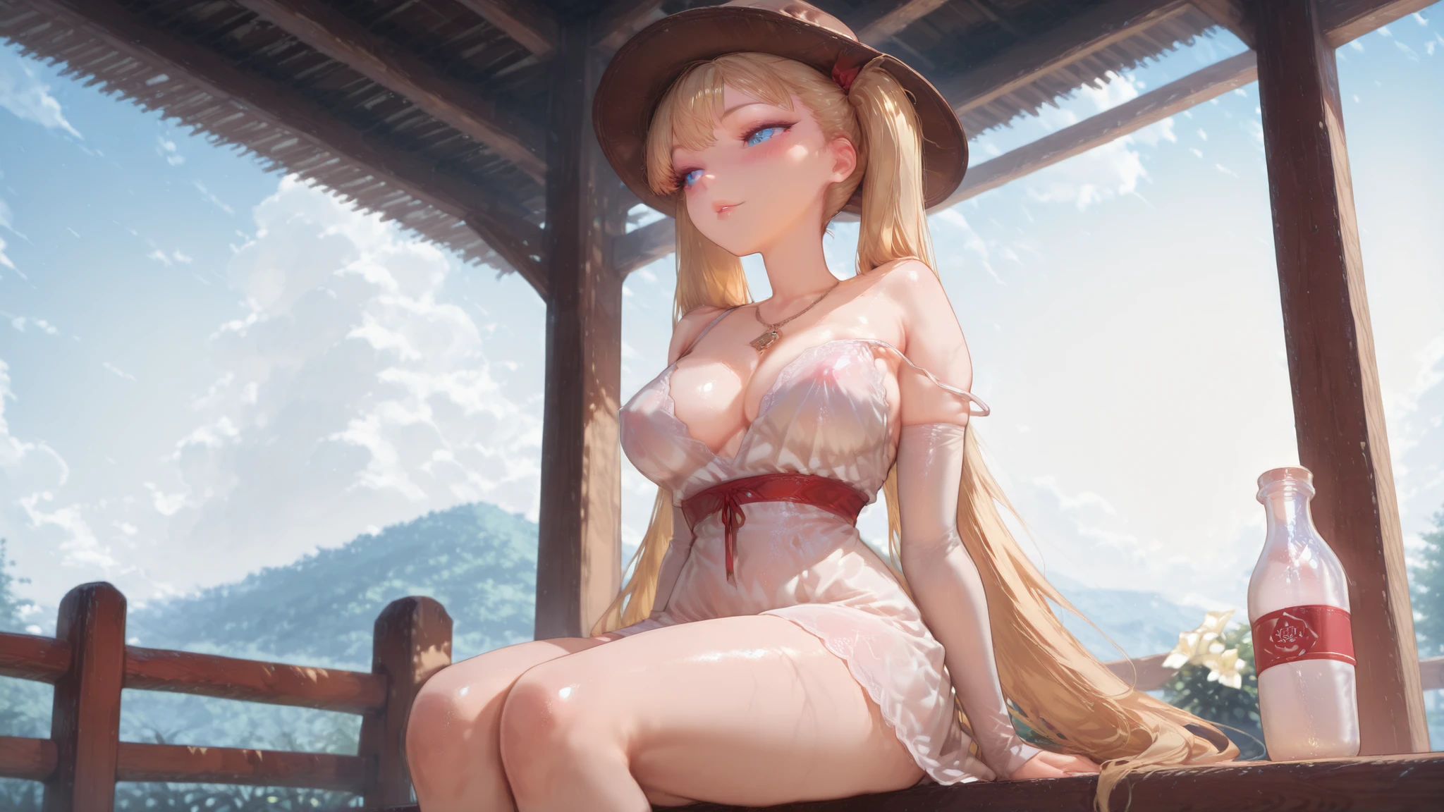 Airi Akizuki \(oni chichi\) a young cute cowgirl sitting on a wooden fence, relaxed pose, drinking milk from a glass bottle with a straw, wide-brimmed cowboy hat slightly tilted back, white dress sitting among a floral arrangement, the image also shows soft lighting and elegant decor. on the middle of the image, a 1girl, with long blonde hair, is sitting with her legs crossed and her hands resting on her thighs. outside a rustic western saloon. she is wearing a white, long-sleeved dress with a plunging neckline that reveals her large breasts. her hair is styled in loose waves and falls down her back. and she has a serene expression on her face. the woman is facing away from the viewer, and her body is positioned in a way that showcases her curves. a lazy sunny afternoon on a ranch, cows grazing in the distance, barn in background, sunlight filters through light clouds, warm wind blowing gently, nostalgic countryside feeling, peaceful and wholesome atmosphere , with a focus on the natural beauty of the scene. 1girl, solo, unrivaled beauty, whole body, petite build, bangs, looking to the side, thighs, skin tight, skindentation, strap slip, red ribbon, long twintails, vivid eyes, shine eyes, juicy lips, parted lips, blue eyes, see-through clothes, very long hair, , necklace, neckerchief, sexually suggestive, long eyelashes, blush, injury, slim hips, slim figure, slim waist, big eyes, good-looking, steaming body, young seductress, lips, young little woman, dramatic angle, dynamic pose, beautiful eyes, beautiful face, beautiful hair,Masterpiece , best quality , (ultra-detailed) , amazing quality , very aesthetic , illustration , perfect composition , intricate details , absurd ,((4k,8k,Ultra HD)),((Masterpiece :1.2)),((Best quality :1.2)),((Detailed :1.5)),((Detailed background :1.5)), 00s.