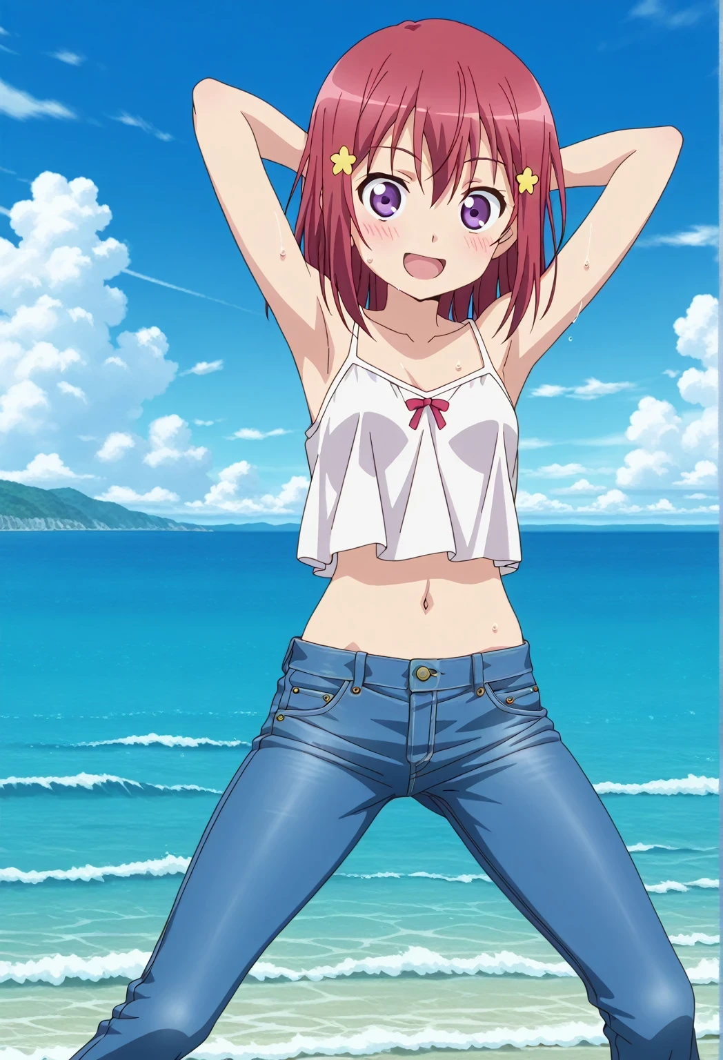 score_9, score_8_up, score_7_up, source_anime, highres, hi res, ((best quality, top quality, perfect quality, Highest Quality, amazing quality)), {{masterpiece}}, {{an extremely delicate and beautiful}}, 2d, intricate details, official style, anime, 8k, anime style, official_anime, official art, digital painting, cell shading, soft shading, high resolution, soothing tones, Subdued Color, Soft cinematic light, adobe lightroom, photolab, HDR, intricately and hyper-detailed, ((high quality animation)), 1 girl, Alone, solo, ((ocean)), tsunami, on the water, day, sunny, outdoors, sky, windy, Kanzaki Tomoyo, Inou Battle wa Nichijou-kei no Naka de, purple eyes, red hair, medium hair, anime coloring, anime screencap, small , white camisole top, crop top, white crop top, best quality, hyper-detailed jeans, ((blue jeans:1.9)), (dark blue jeans:0.6), full medium body, medium shot, Open mouth, smiling, happy face, blush, sweat, standing, ((arms behind head:6.0)), ((perfect arm line:2.5)), bowlegged, jumping pose, action, looking at viewer, , Bend knees slightly, straight-on front view