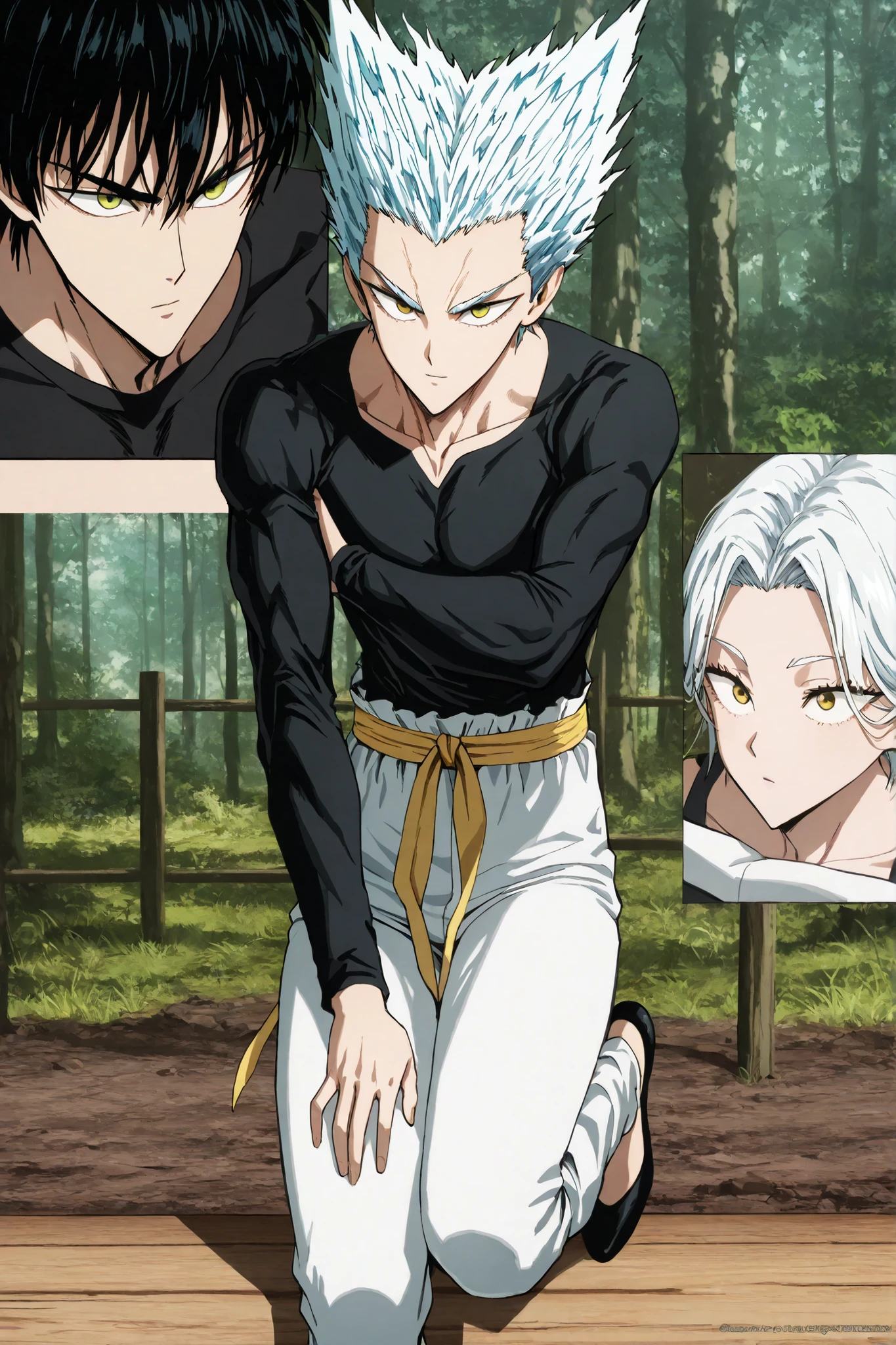 one man, anime character, 마법 회전 그림 속 handsome 남자, color dispersion, Magical Rotation Style, handsome , Former Devil King ,   Detailed Fan Art  ,  풀 컬러 illustration레이션 , Clean Line Drawing and Color, Great Character Design, Krenz Cushart and Asher Duran One Punch Man Garo, Immaculate appearance, silver hair. healthy body. dramatic contrast, High quality animation art style, Detailed skin texture,  Perfect Composition. yellow eyes, UHD, masterpiece, intricate details, high resolution
hyper detail super detail, highres high resolution, high quality, finely detailed beautiful eyes and detailed face, best quality, 4k, masculine,  18 years old,  young man, young, A healthy body with body proportions revealed between exemplary, adult, white pants, Black tee,Neat oll white hair, yellow eyes, simple black flat shoes, Referring to Murata's picture,  illustration, fan art,Anime character with soft smiling face, clear face, delicate face, delicate expression,  Short hair length , yellow waistband,  comfortable pose , stable, face close-up, forest background